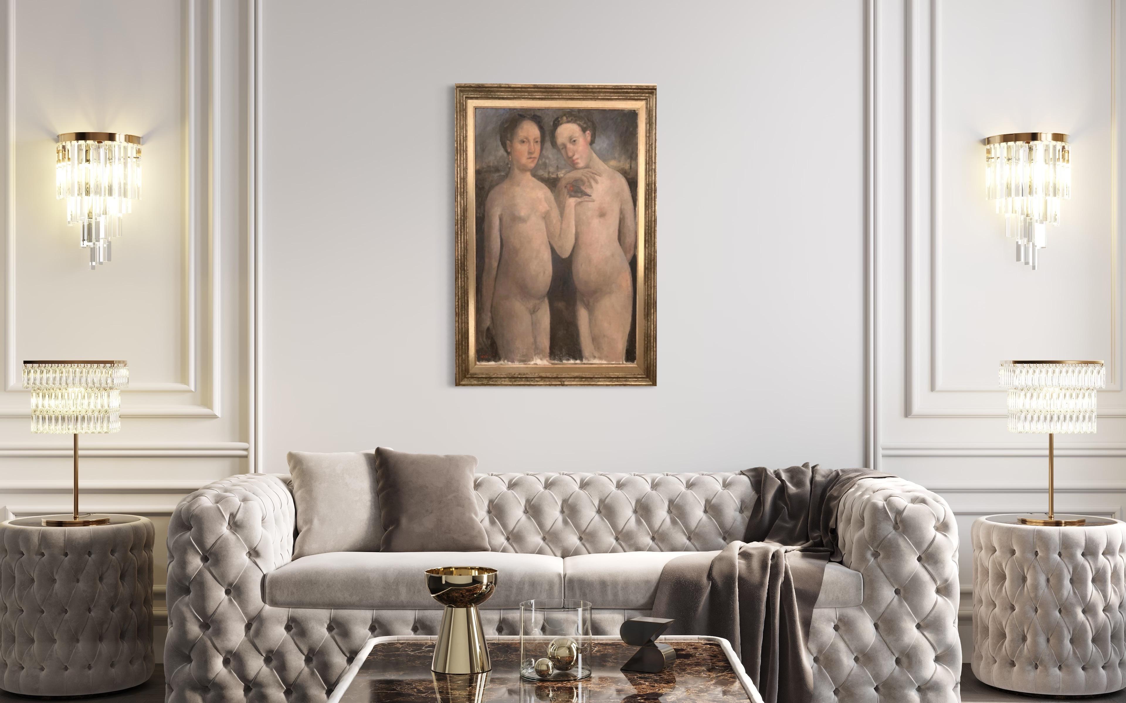 Zwei Frauen & Vogel' Figurative weibliche Modelle Öl auf Leinwand von Roni Taharlev im Angebot 1