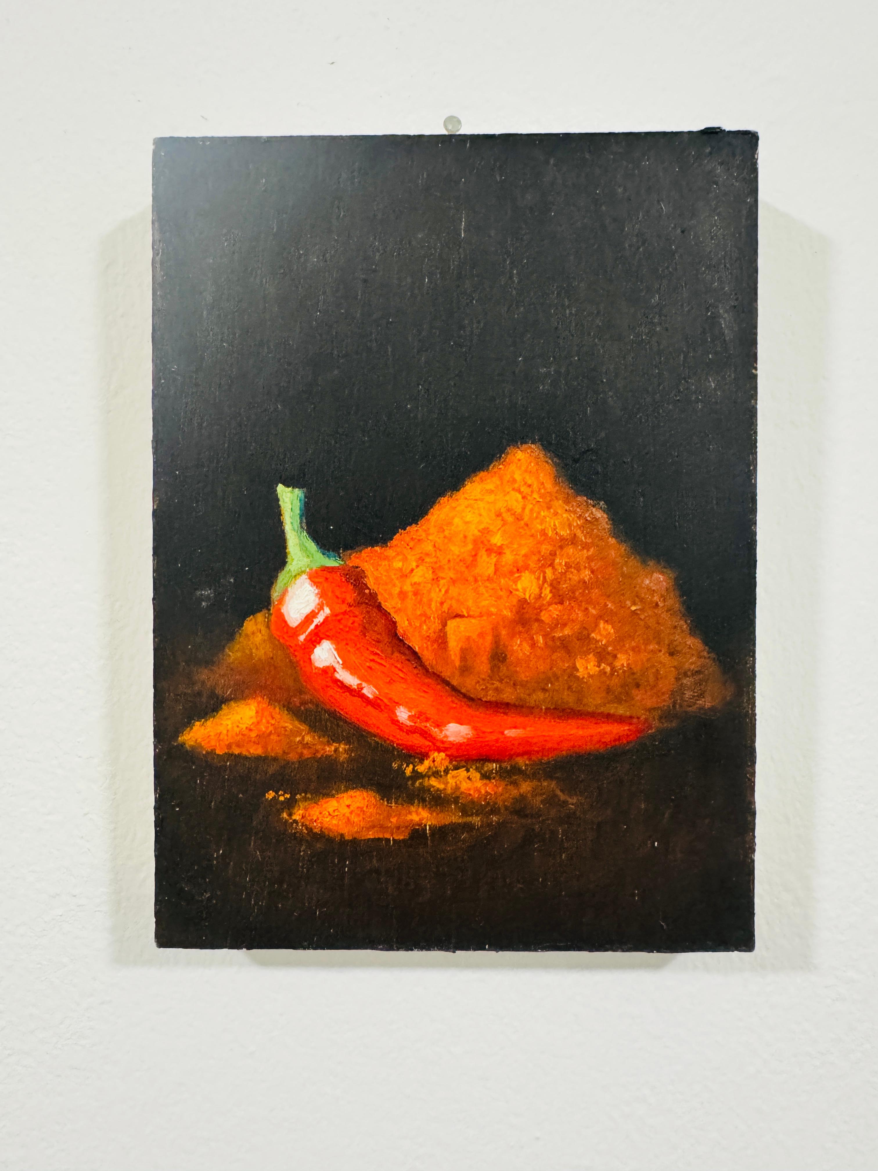 Dittico di peperoncino e curcuma - pittura realistica in vendita 1