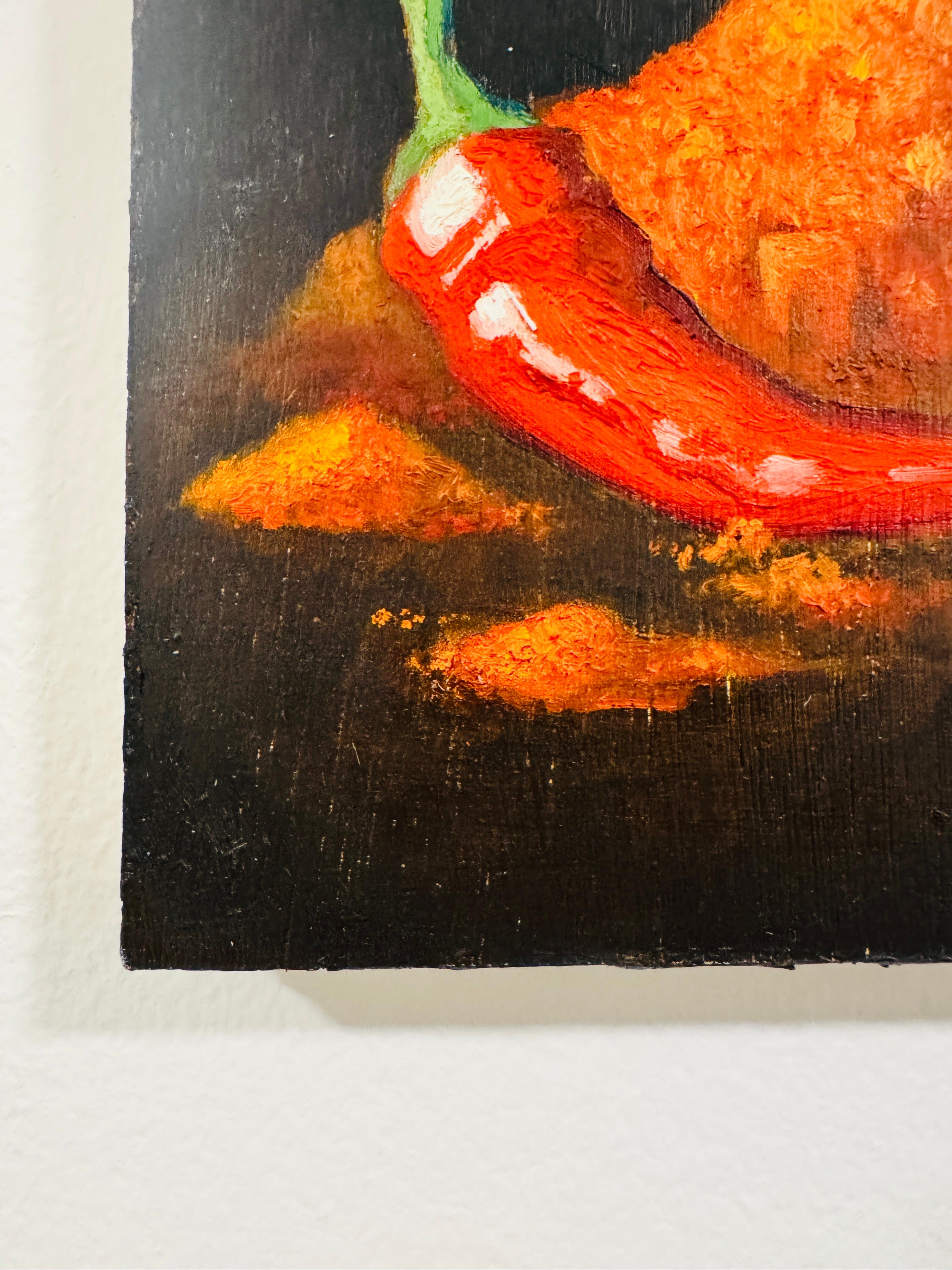 Dittico di peperoncino e curcuma - pittura realistica in vendita 2
