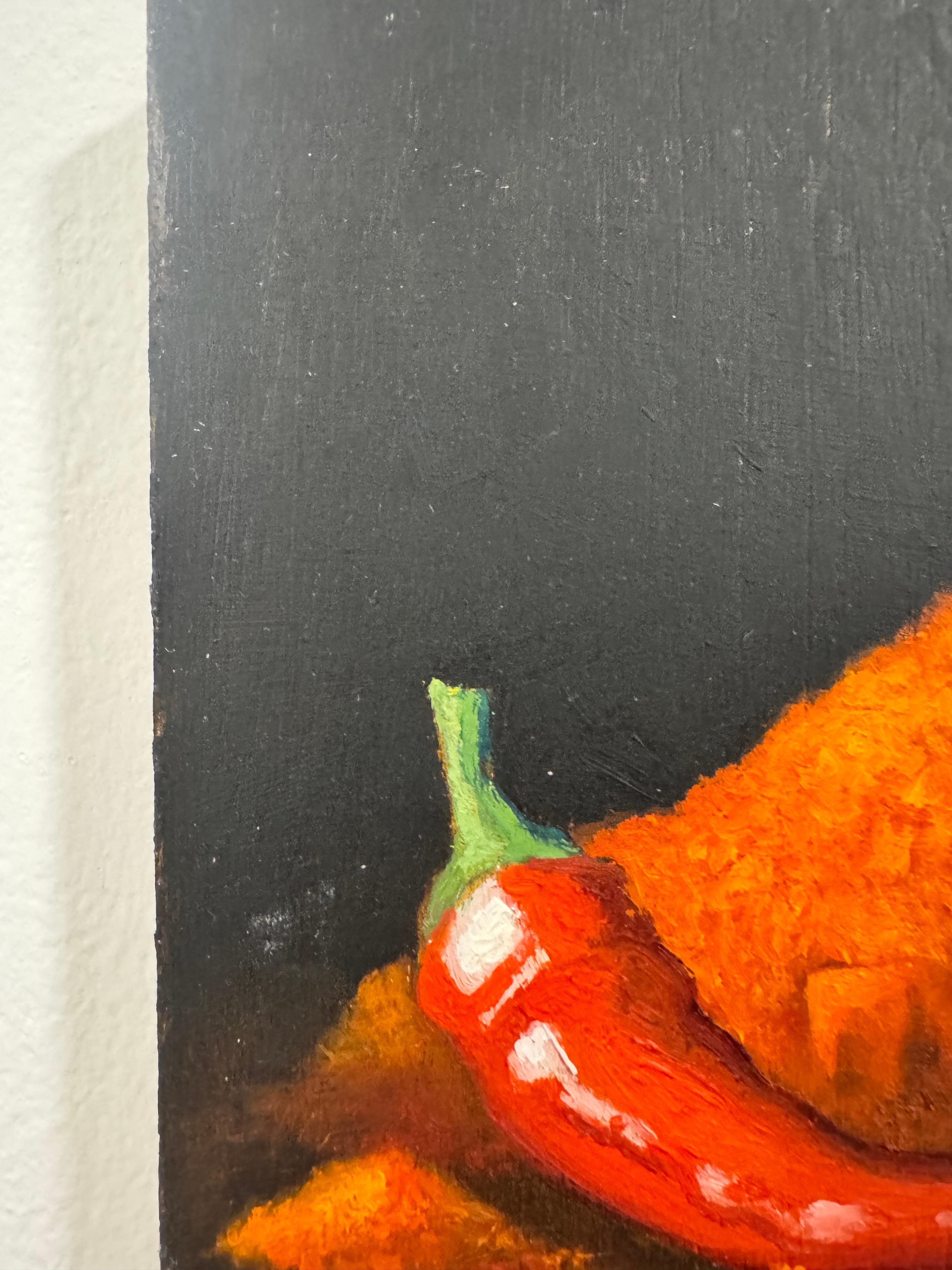 Dittico di peperoncino e curcuma - pittura realistica in vendita 3