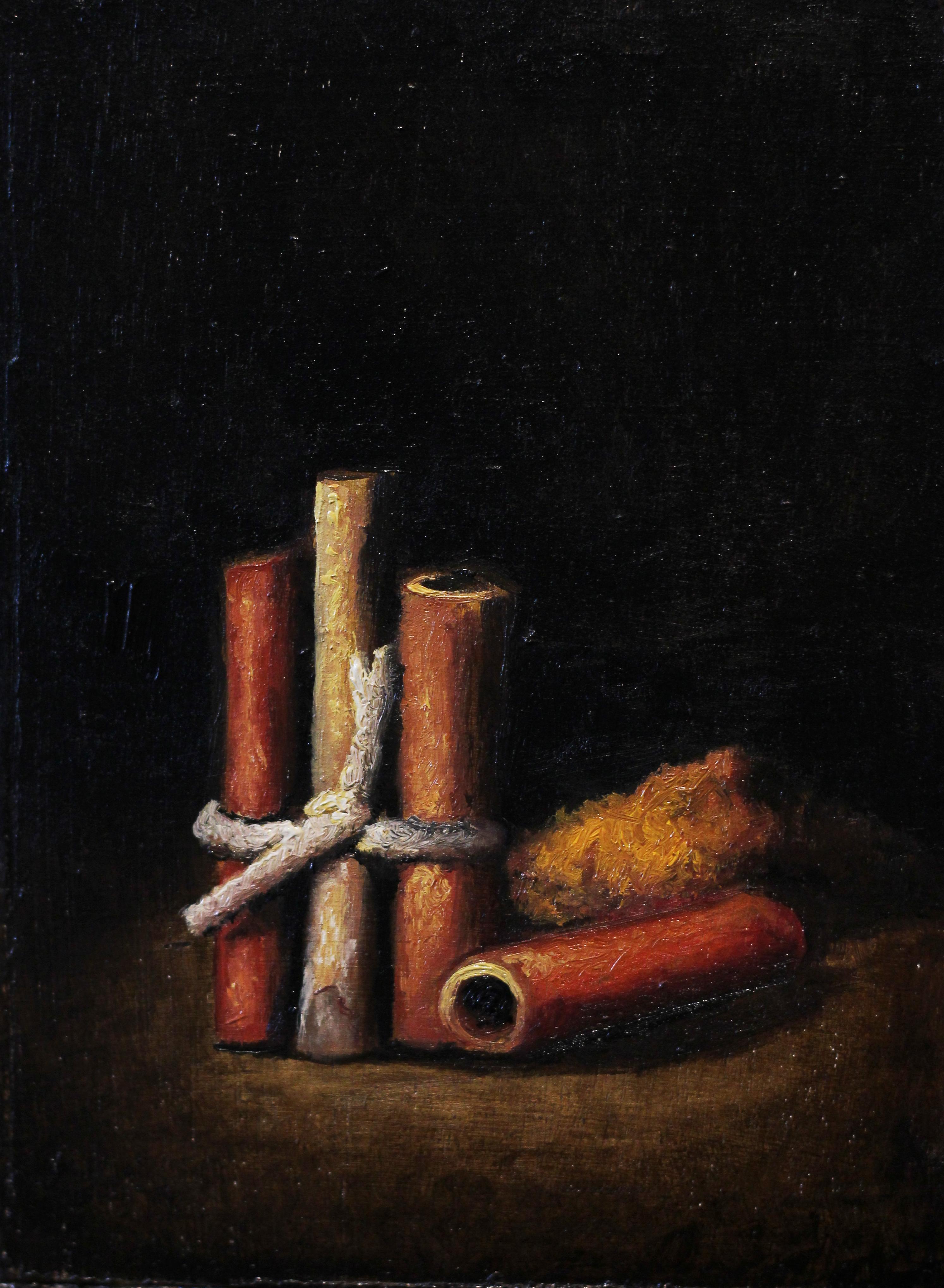 Zimt & Kurkuma Diptychon - realistische Malerei (Braun), Still-Life Painting, von Roni Yoffe