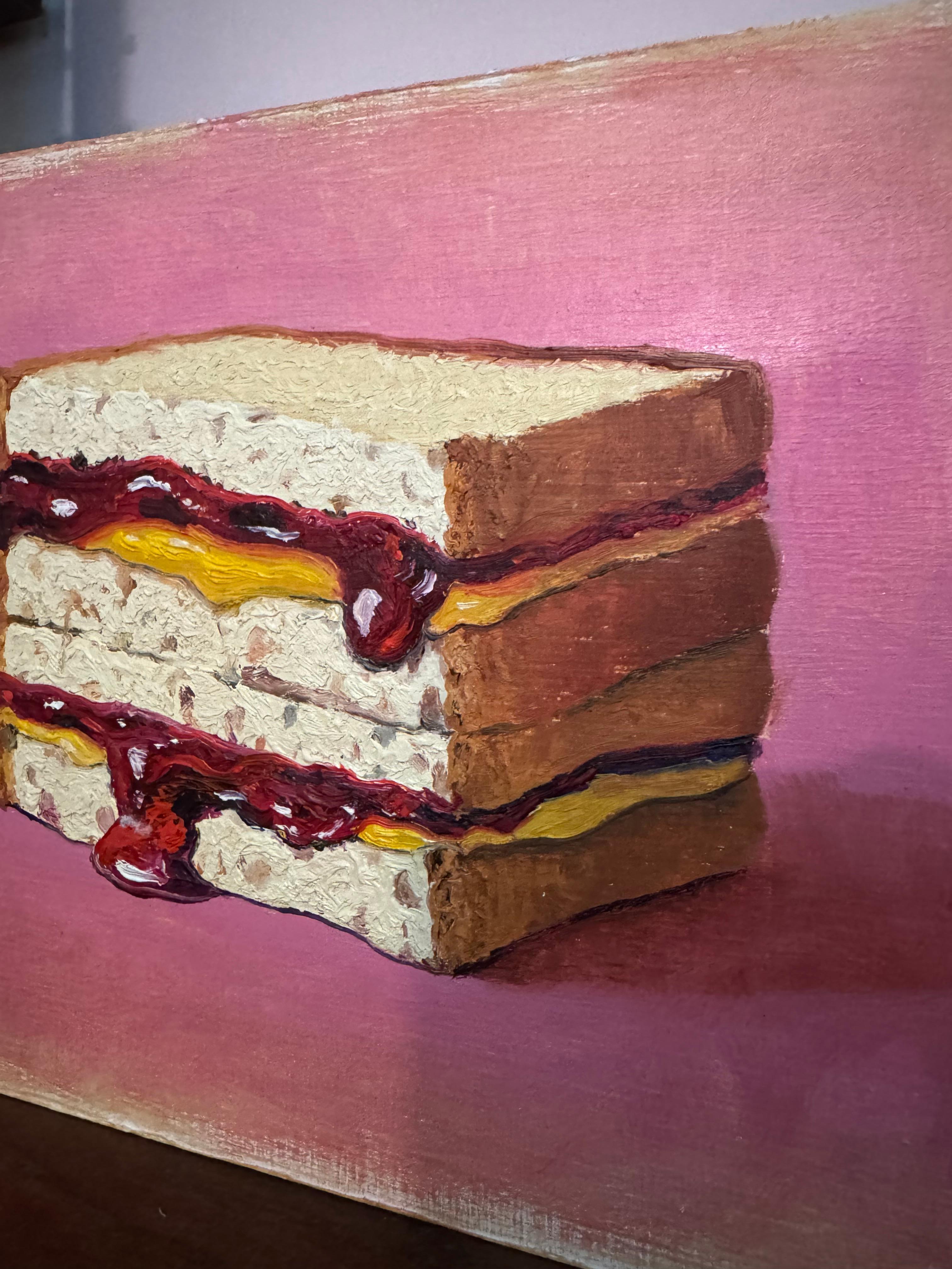 Erdnussbutter-Gelee-Sandwich - realistische Malerei (Braun), Still-Life Painting, von Roni Yoffe
