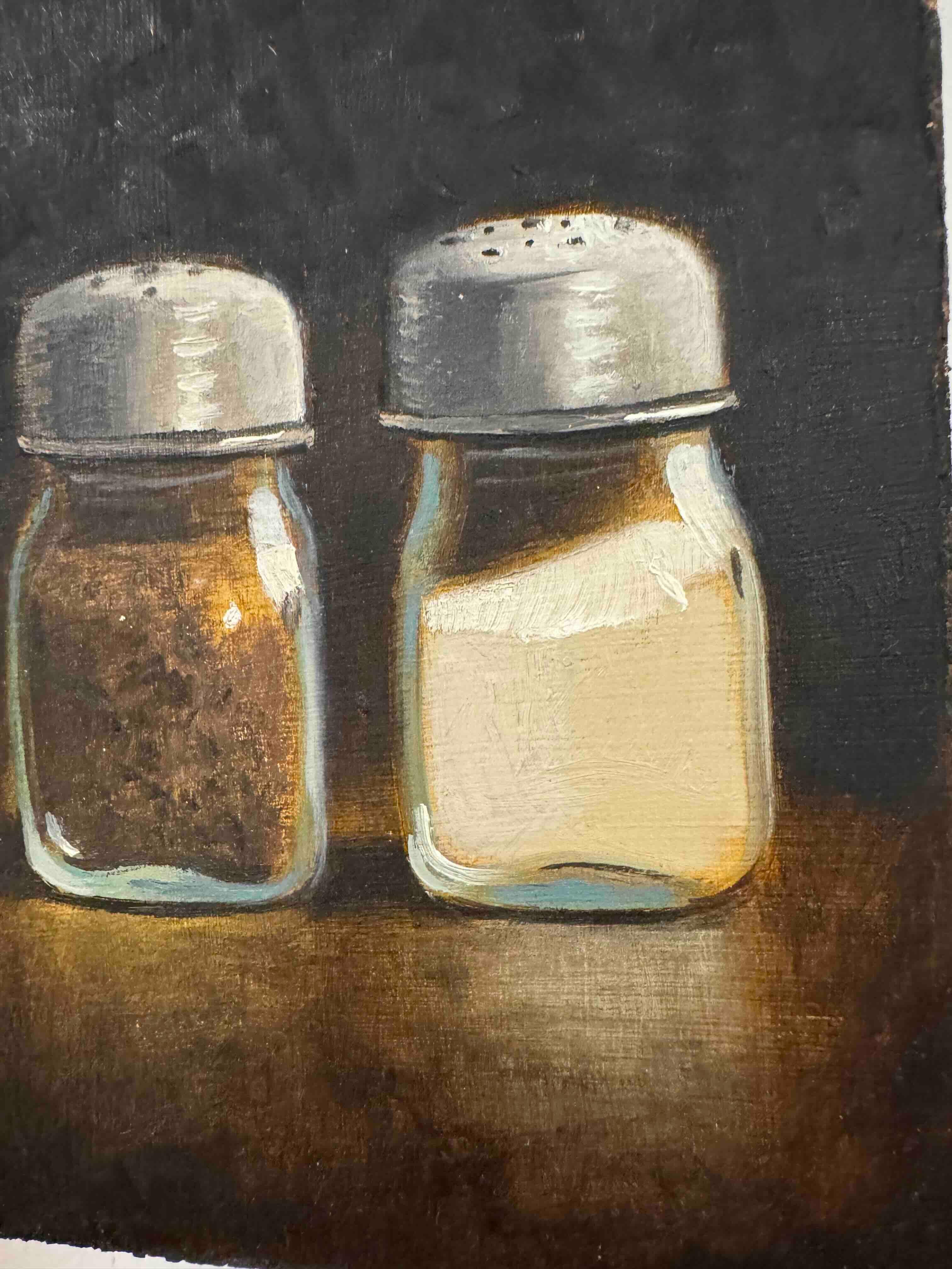 Sale e pepe - pittura realistica - Still-Life Painting Marrone di Roni Yoffe