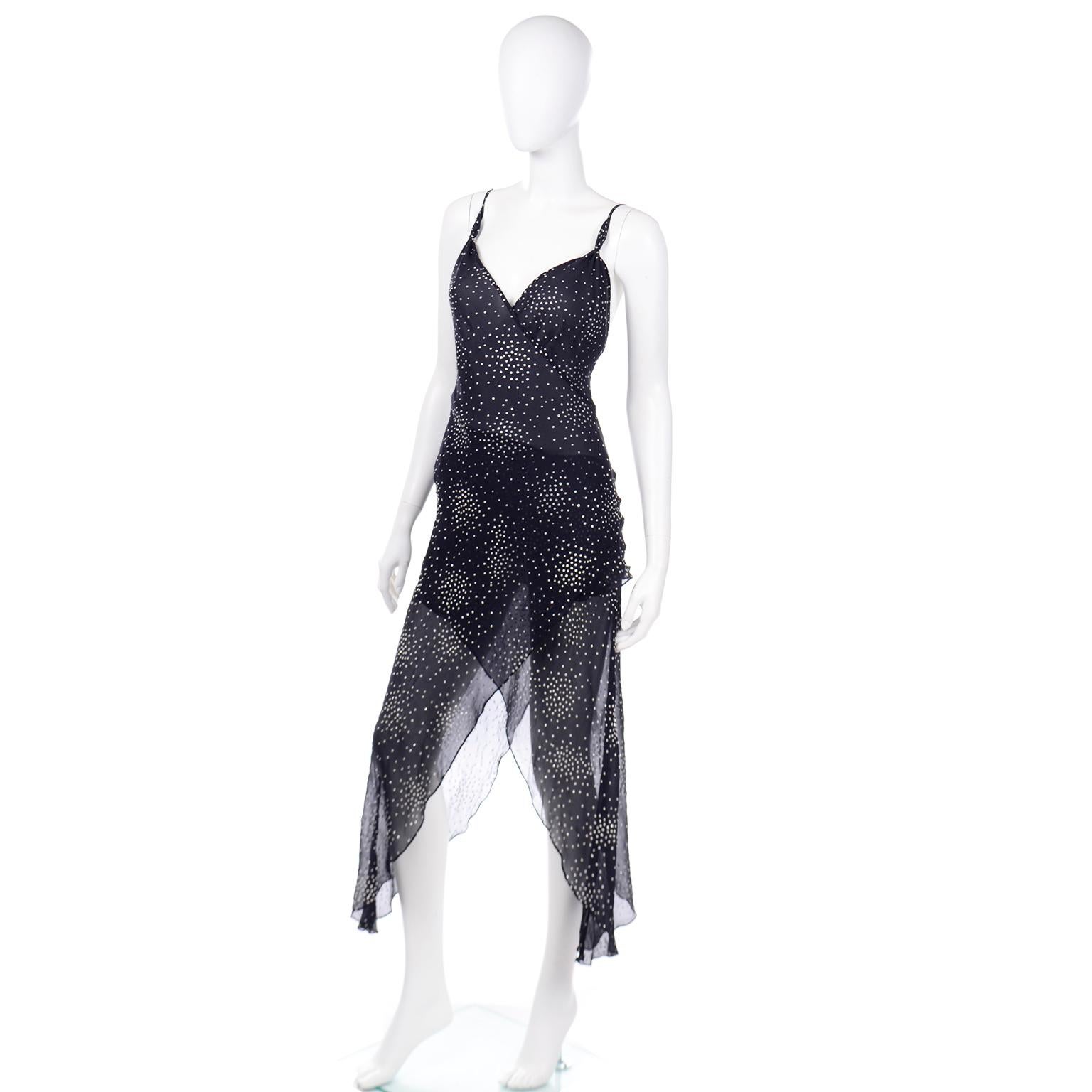 Ronit Zilkha Frühjahr 2001 Marineblau schimmerndes, gepunktetes asymmetrisches Slip-Kleid im Angebot 3