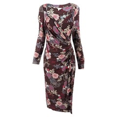 Ronit Zilkha Vintage Brown Ruched Long Sleeve Floral Rayon Jersey y2k Dress