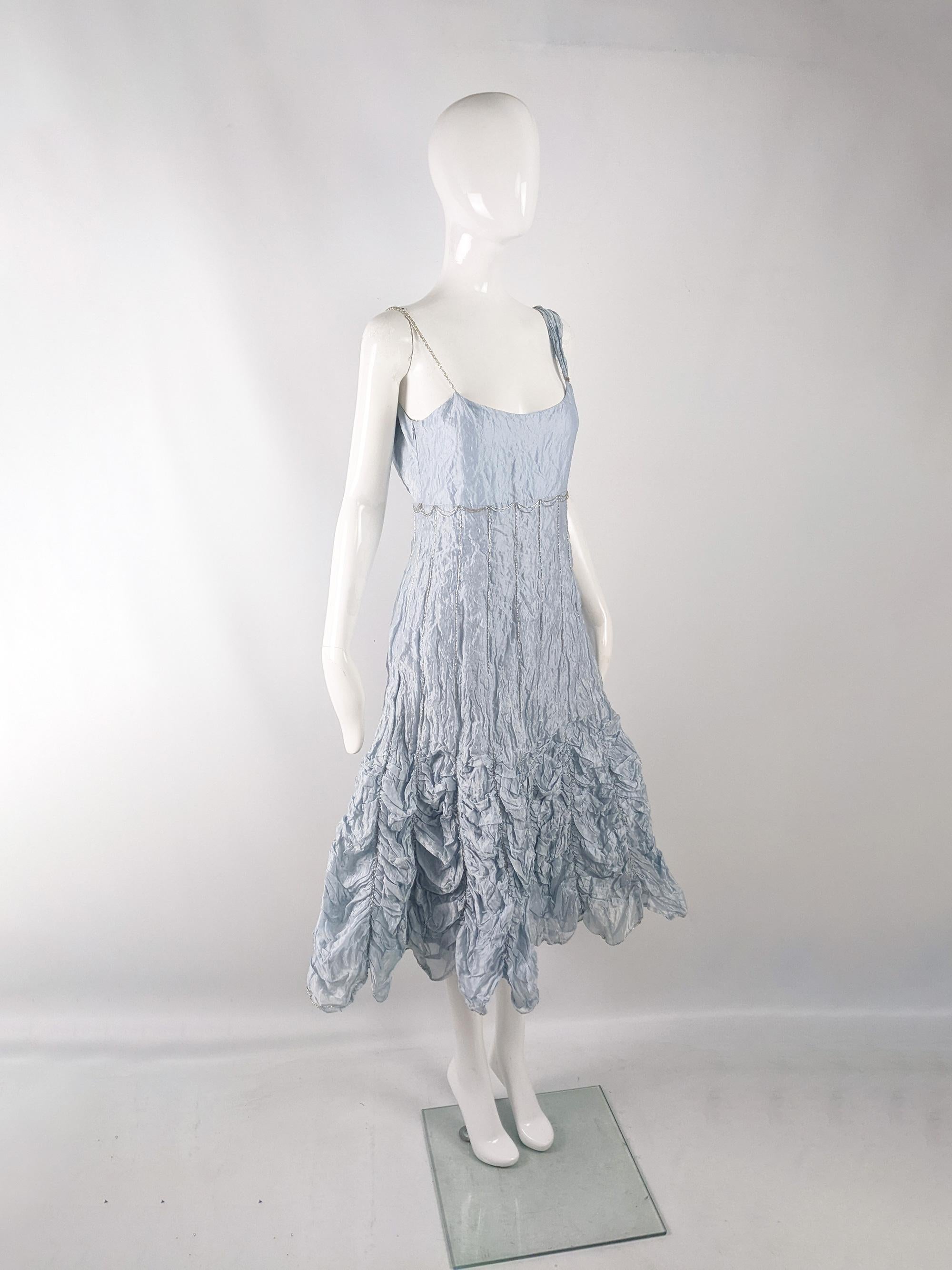 Ronit Zilkha Vintage Ice Blue Organza Beaded Evening Dress, 2000s In Good Condition In Doncaster, South Yorkshire