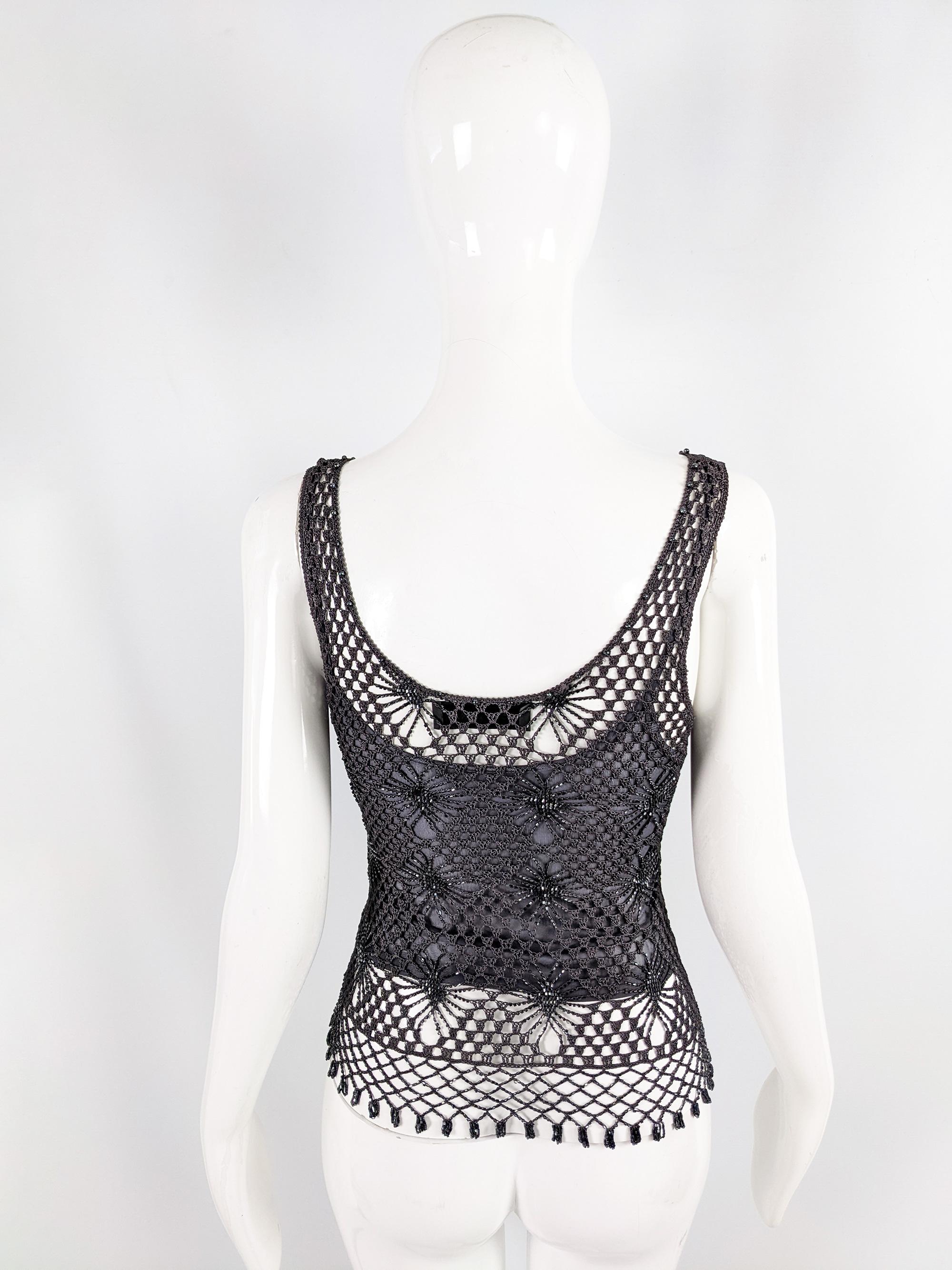Ronit Zilkha Vintage y2k Beaded Crochet Boho Sleeveless Mesh Top, 1990s In Excellent Condition In Doncaster, South Yorkshire