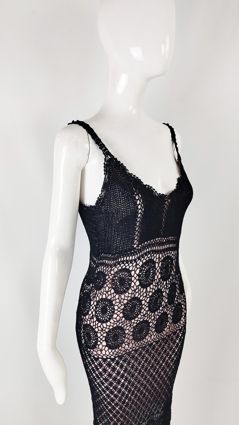 Ronit Zilkha Vintage y2k Black Open Knit Crochet Spaghetti Strap Dress In Good Condition In Doncaster, South Yorkshire