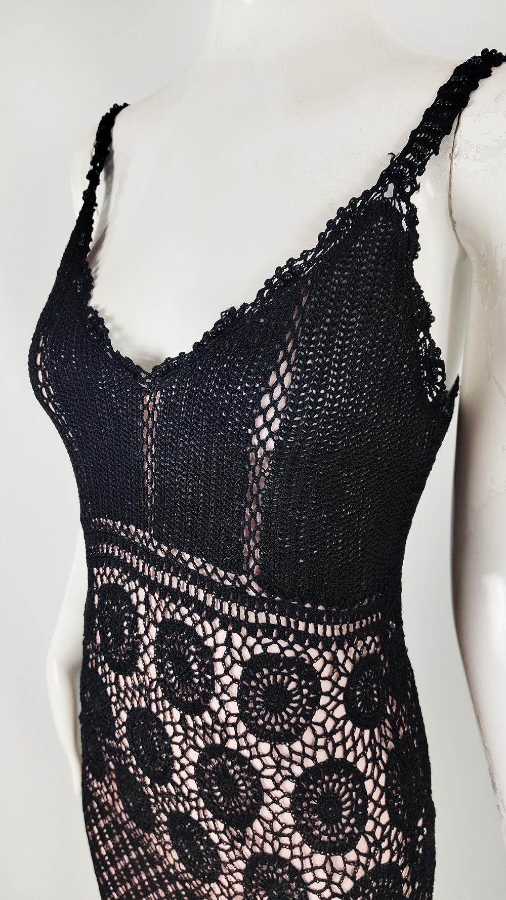 Women's Ronit Zilkha Vintage y2k Black Open Knit Crochet Spaghetti Strap Dress