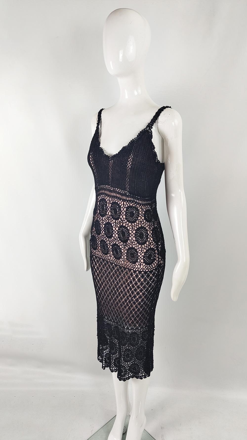 Ronit Zilkha Vintage y2k Black Open Knit Crochet Spaghetti Strap Dress 1