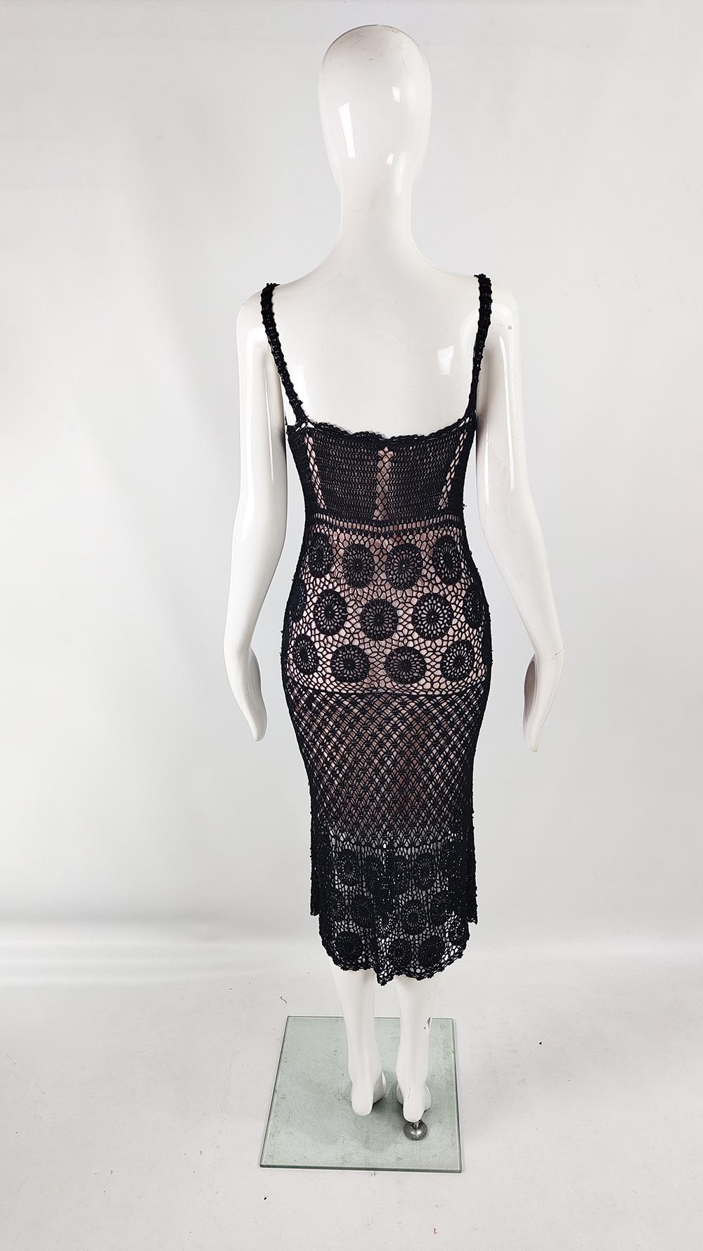 Ronit Zilkha Vintage y2k Black Open Knit Crochet Spaghetti Strap Dress 3