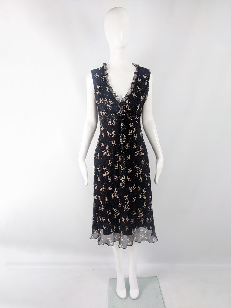 Ronit Zilkha Vintage y2k Silk Chiffon Poodle Print Bias Cut Dress ...