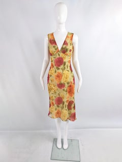Ronit Zilkha Vintage y2k Yellow Floral Print Sequin Trim Sleeveless Dress