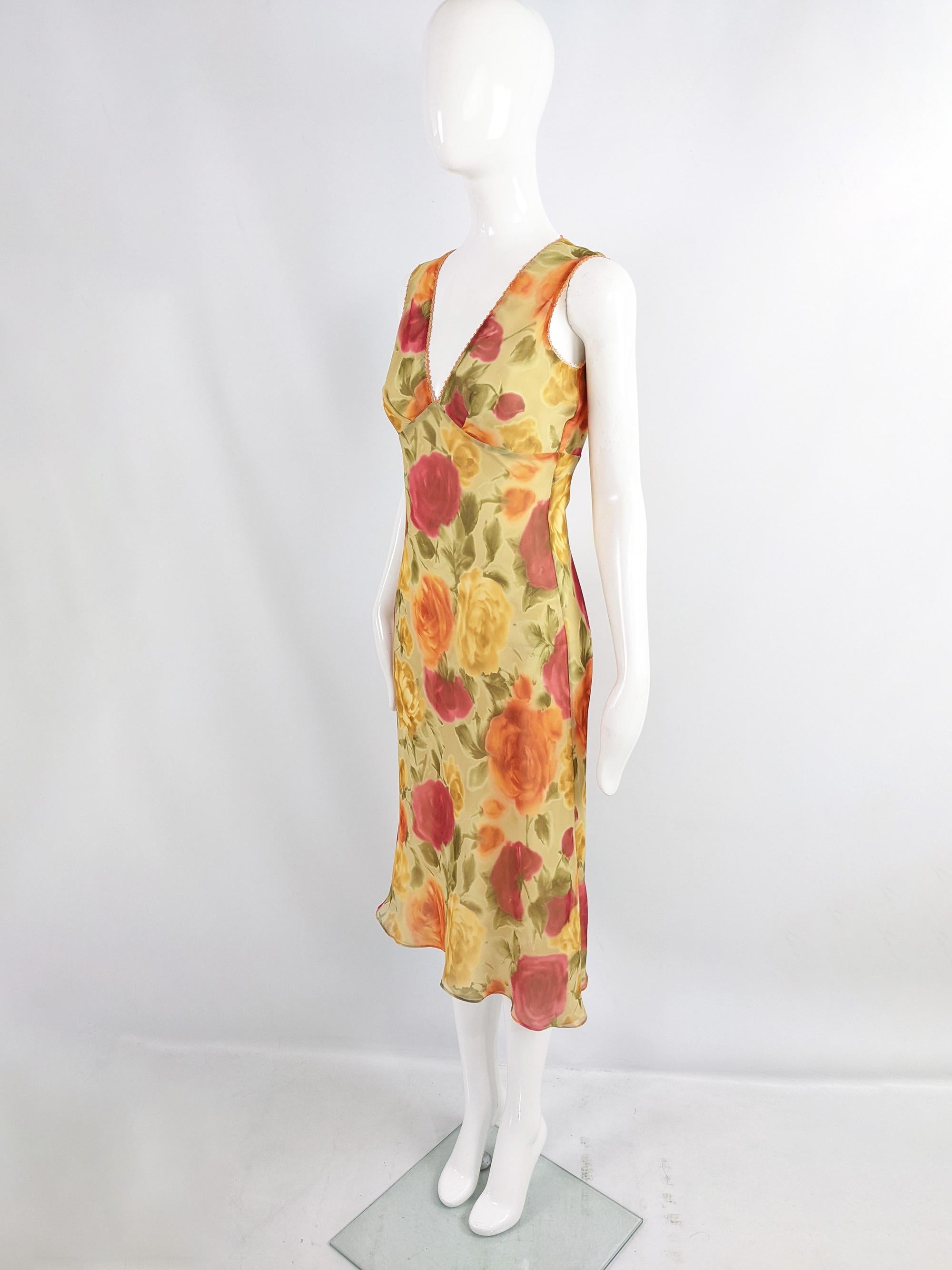 Beige Ronit Zilkha Vintage y2k Yellow Floral Print Sequin Trim Sleeveless Dress