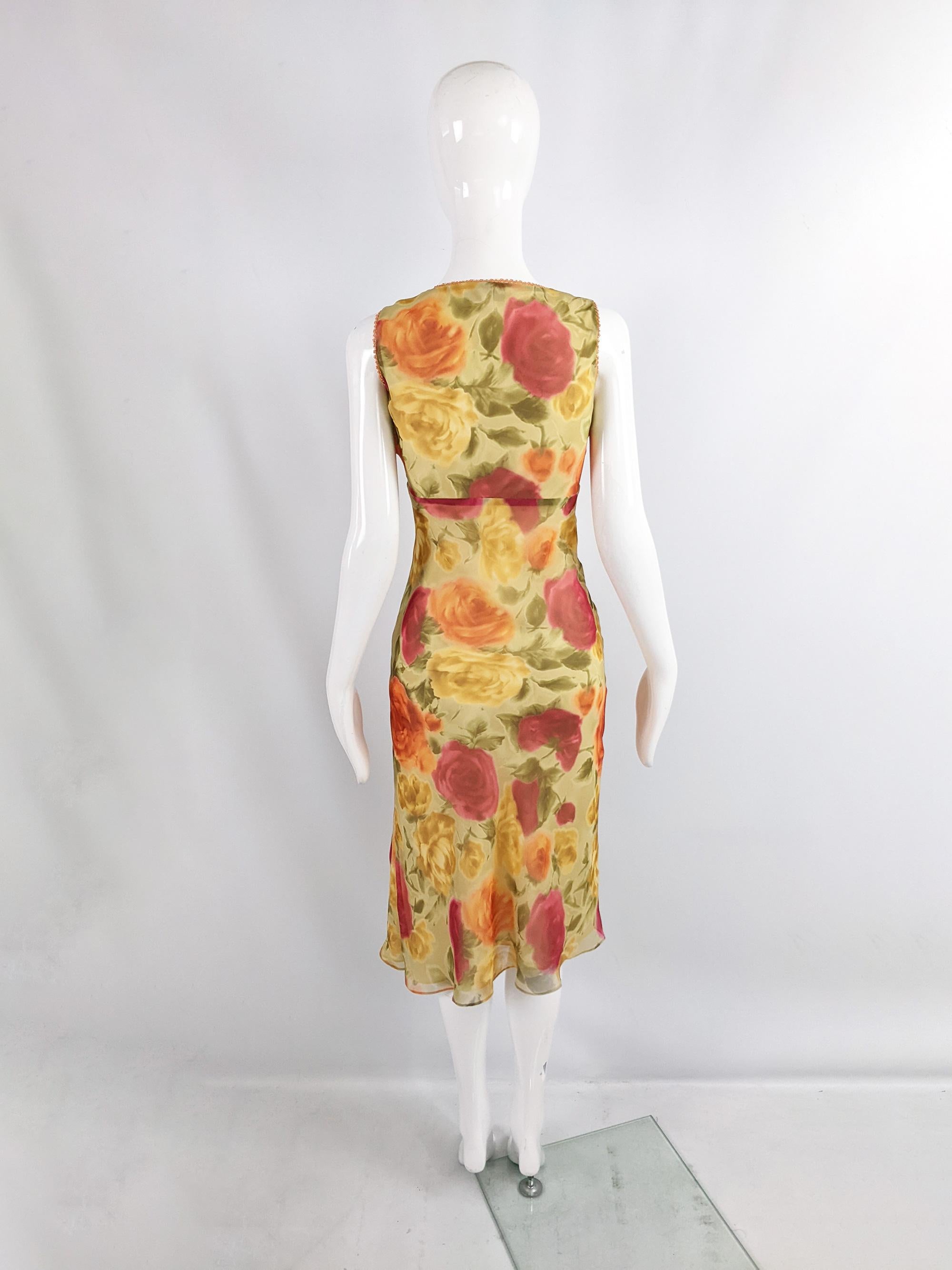 Ronit Zilkha Vintage y2k Yellow Floral Print Sequin Trim Sleeveless Dress In Excellent Condition In Doncaster, South Yorkshire
