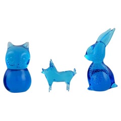 Ronneby, Suède, trois figures en verre d'art soufflé à la bouche bleu, années 1970