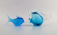 Ronneby, Sweden, Two Fish in Blue Mouth-Blown Art Glass, 1970s