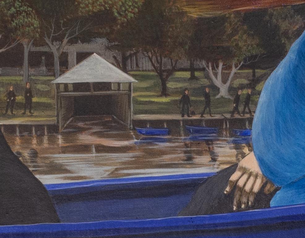 Peinture surraliste britannique du 20e sicle reprsentant un djeuner sur le lac, 1986 - Surréalisme Painting par Ronnie Copas