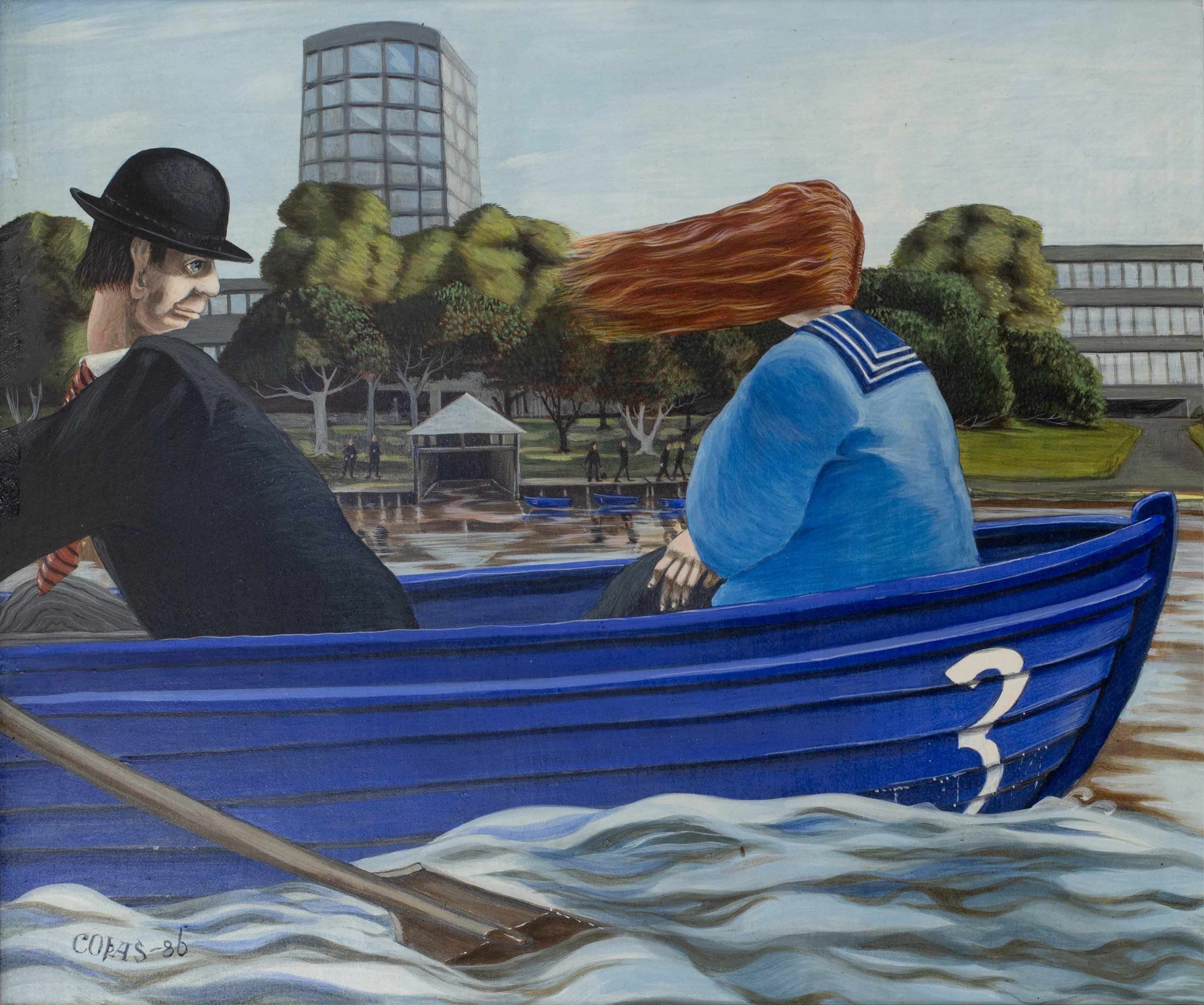 British, 20th Century surrealist painting of lunchtime on the lake, 1986 For Sale 2