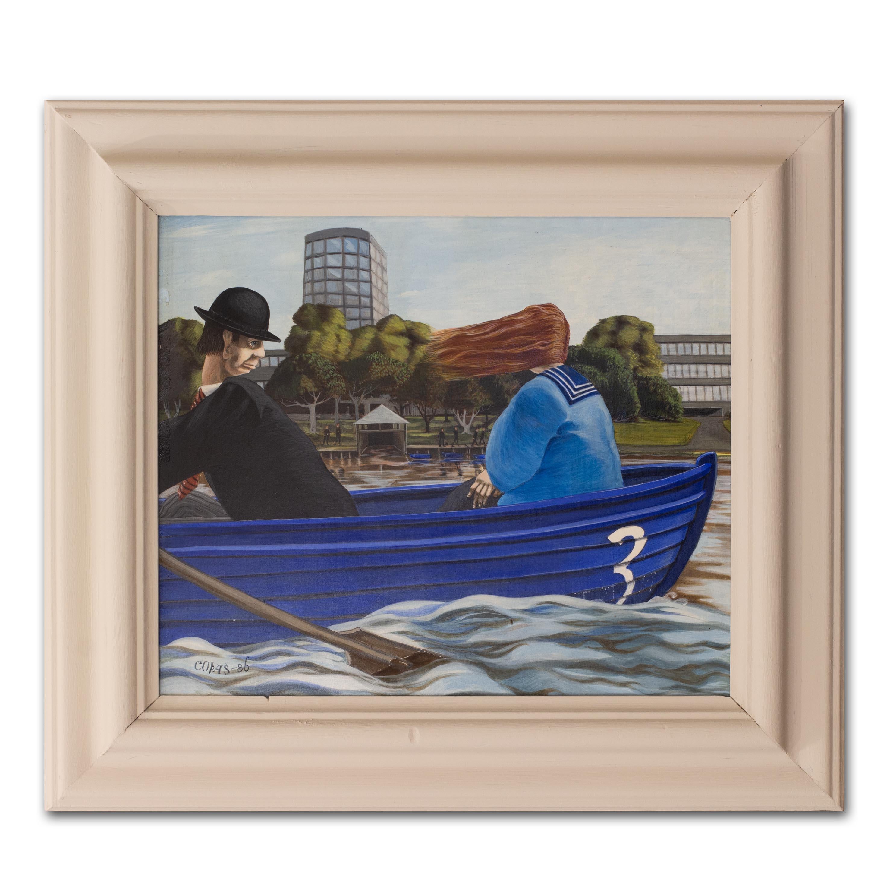 British, 20th Century surrealist painting of lunchtime on the lake, 1986 For Sale 3