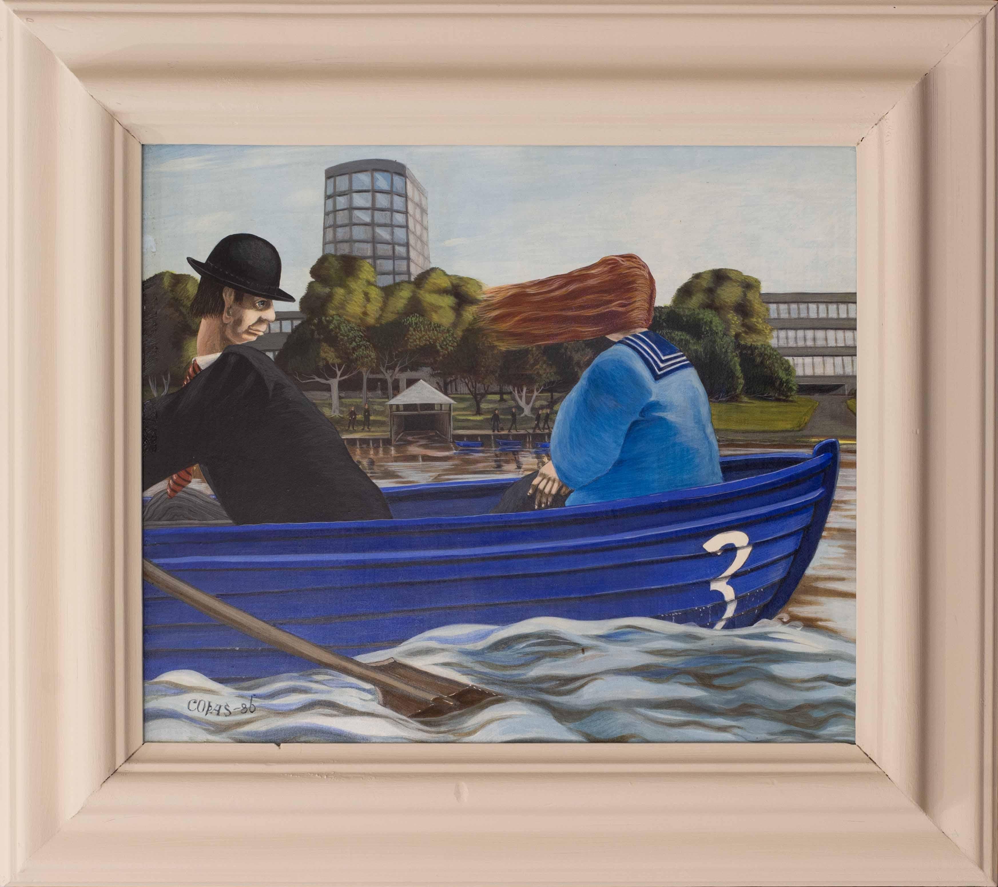 Figurative Painting Ronnie Copas - Peinture surraliste britannique du 20e sicle reprsentant un djeuner sur le lac, 1986