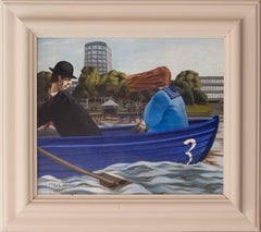British, 20th Century surrealist painting of lunchtime on the lake, 1986