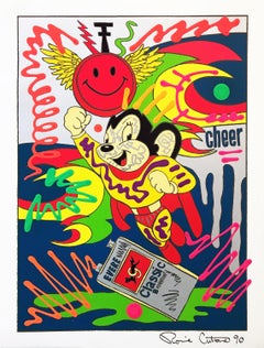 Mighty Mouse, Large Unique Acrylic Paint on Serigraph, 44x34 in. Framed