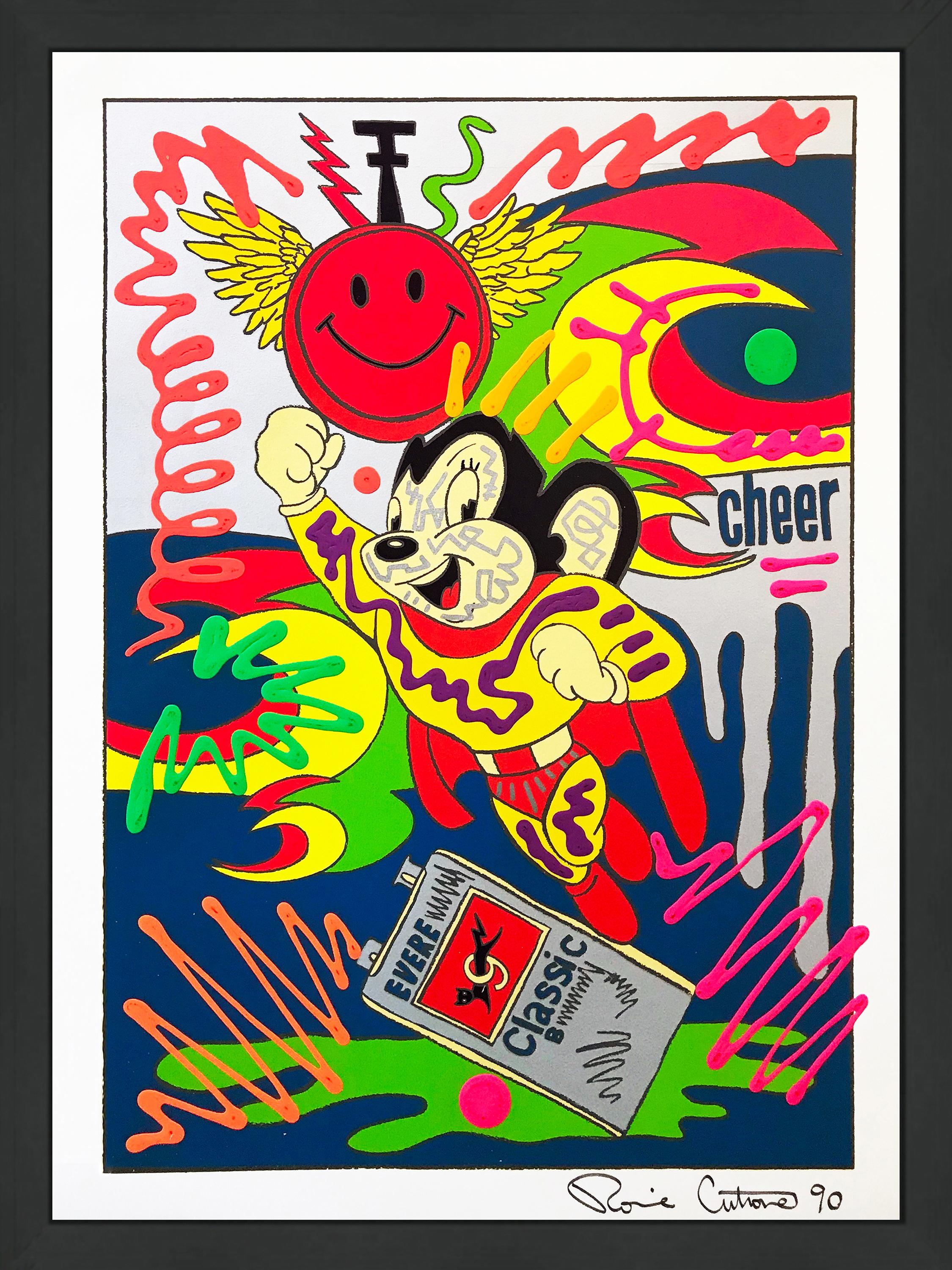 Figurative Painting Ronnie Cutrone - Mighty Mouse, grande œuvre unique à la peinture acrylique sur sérigraphie, 44 x 34 pouces. Encadré