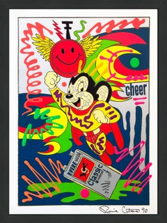 Mighty Mouse, Large Unique Acrylic Paint on Serigraph, 44x34 in. Framed
