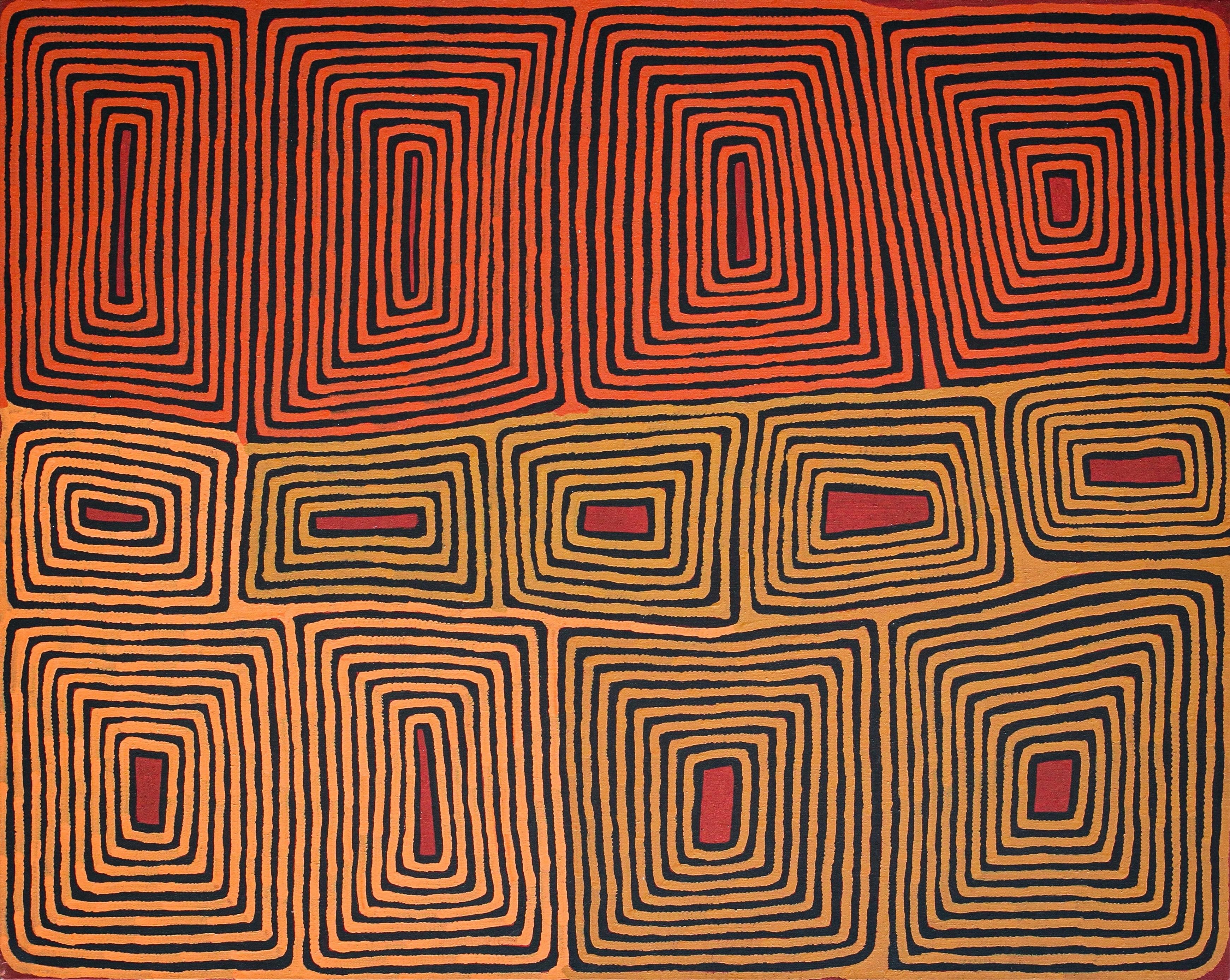 Ronnie Tjampitjinpa (1943-2023 ca.)
Dimensioni: 121x153 cm
Anno: 1996
Acrilico su tela di lino
Arte aborigena
Provenienza: Papunya Tula Artistics

Ronnie Tjampitjinpa è nato intorno al 1943 a Tjiturrunya, vicino a Muyinnga, a circa 100 chilometri a