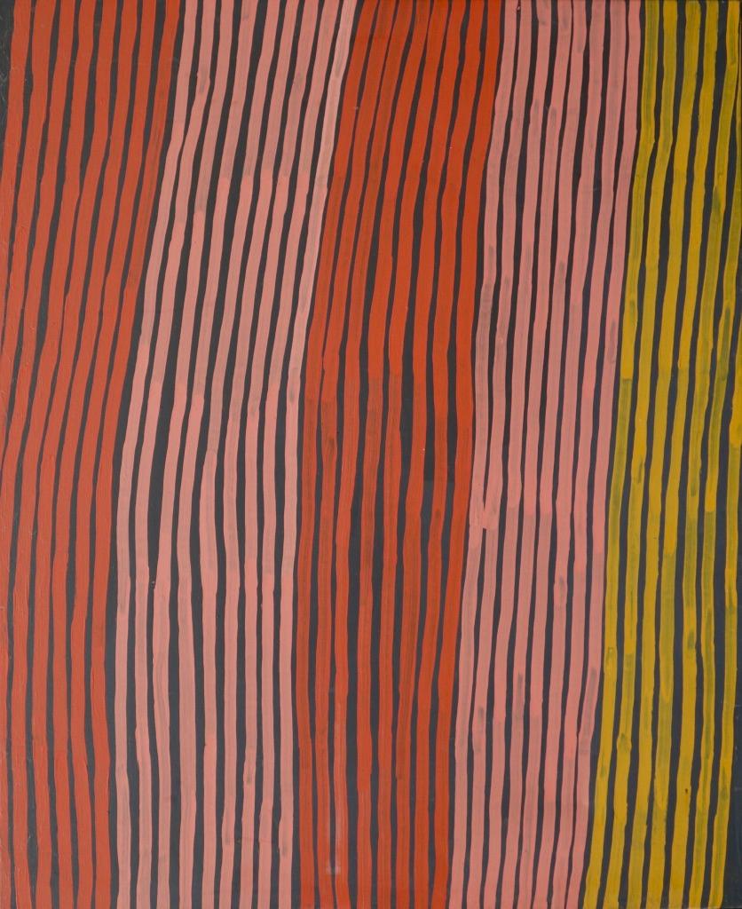 Ronnie Tjampitjinpa was among the first group of artists who began to paint at Papunya in the Great Painting room with Geoffrey Bardon in 1971. In fact Geoffrey Bardon did not become aware of Ronnie’s presence until March 1972, partly because the