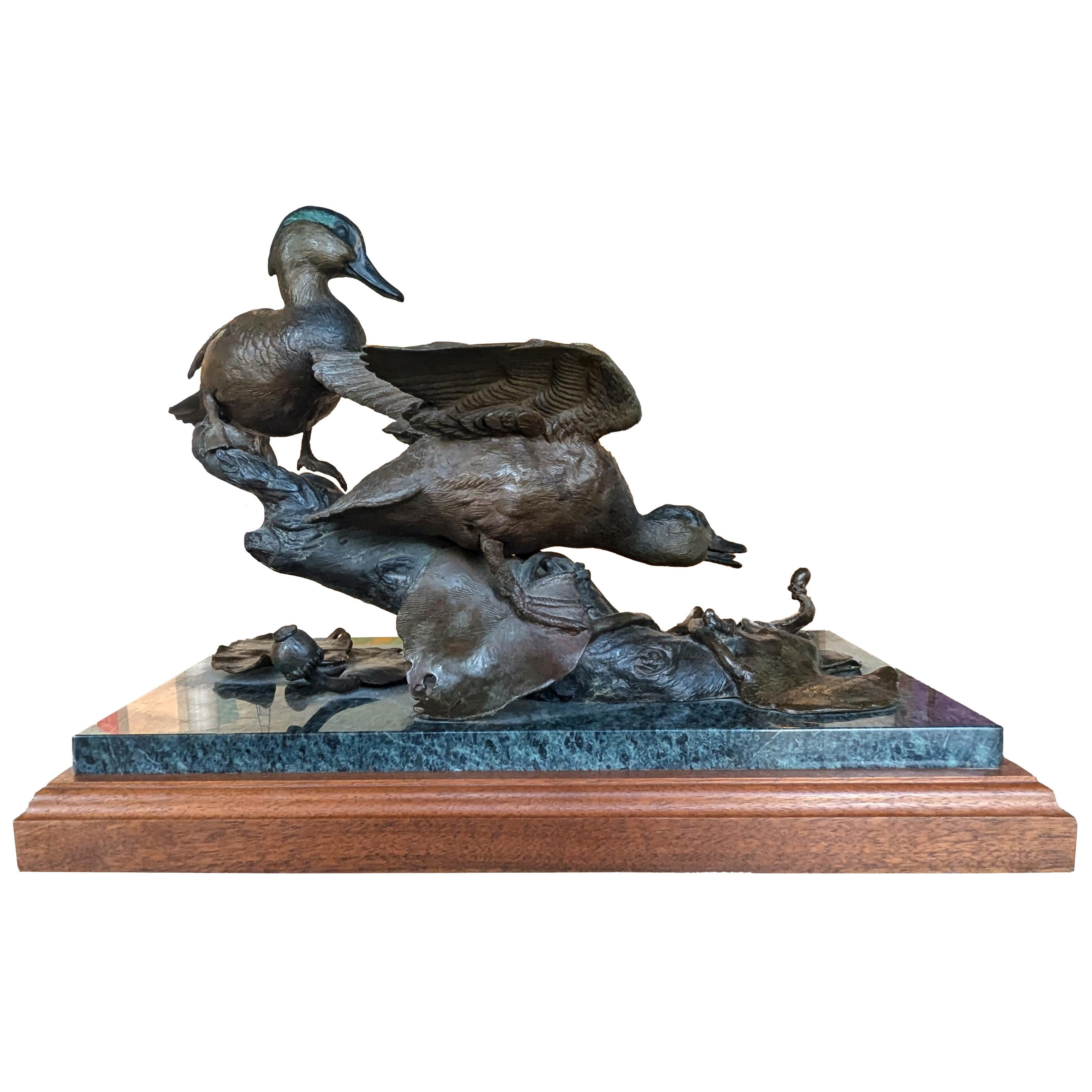 Naturalistische Bronzeskulptur des texanischen Künstlers Ronnie Wells für die Tierwelt. Das Werk zeigt ein Paar von Krickenten am Wasser, die eine Schnecke untersuchen. In der Skulptur betitelt, signiert und mit einer Auflage versehen.

Biografie