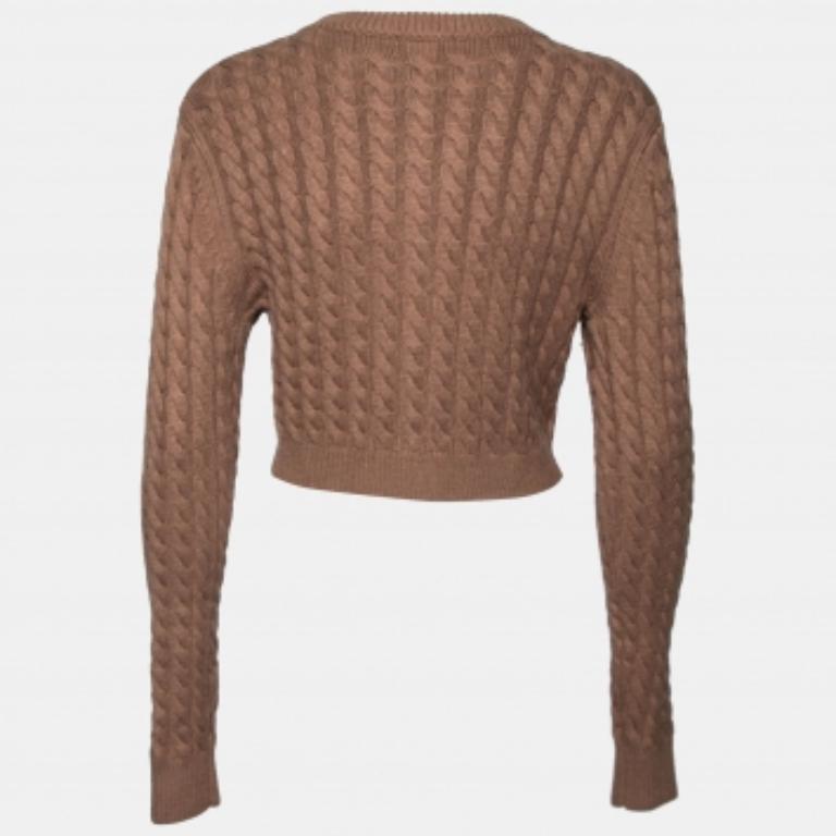 Marron Ronny K-One Brown Cable Knit Wool Cropped Cardigan M en vente
