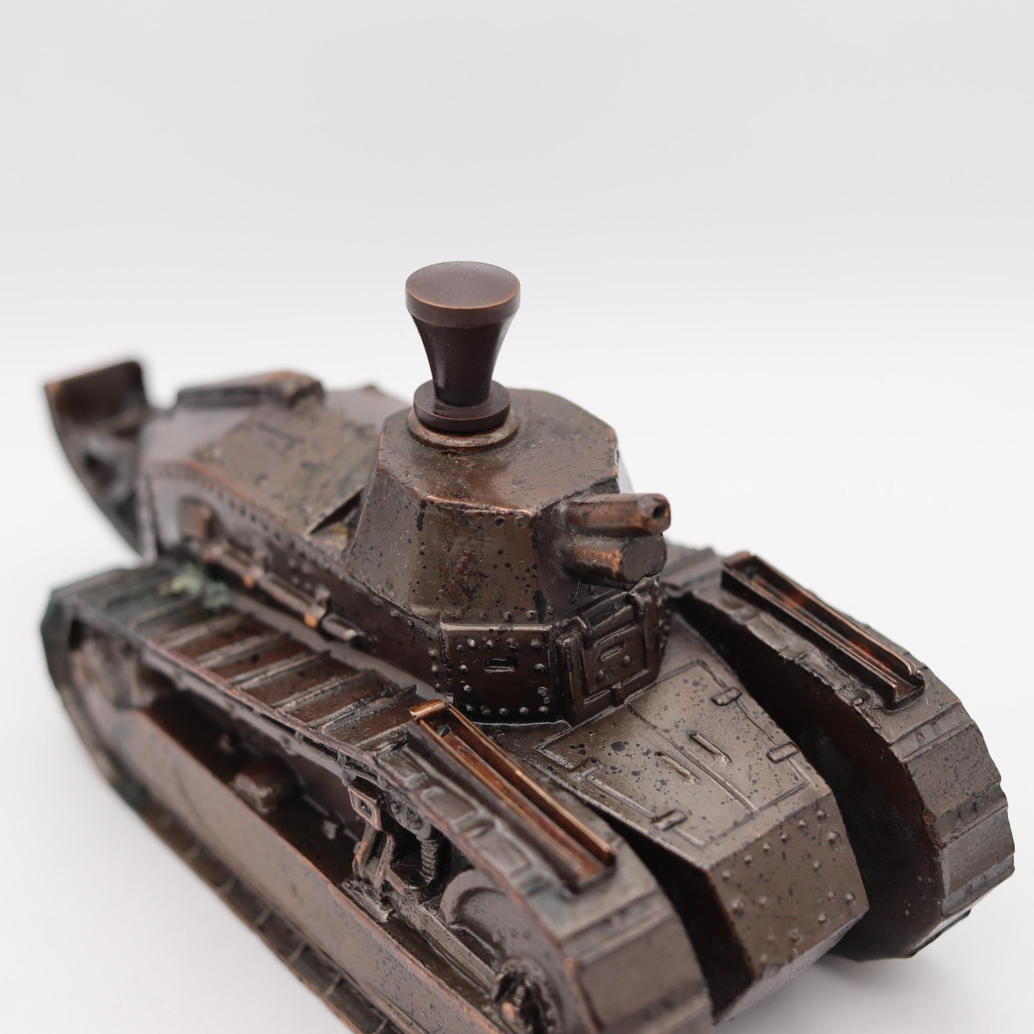 Hand-Crafted Ronson 1919 Art Deco WWI Renault Tank Table Touch Tip In Solid Patinated Bronze
