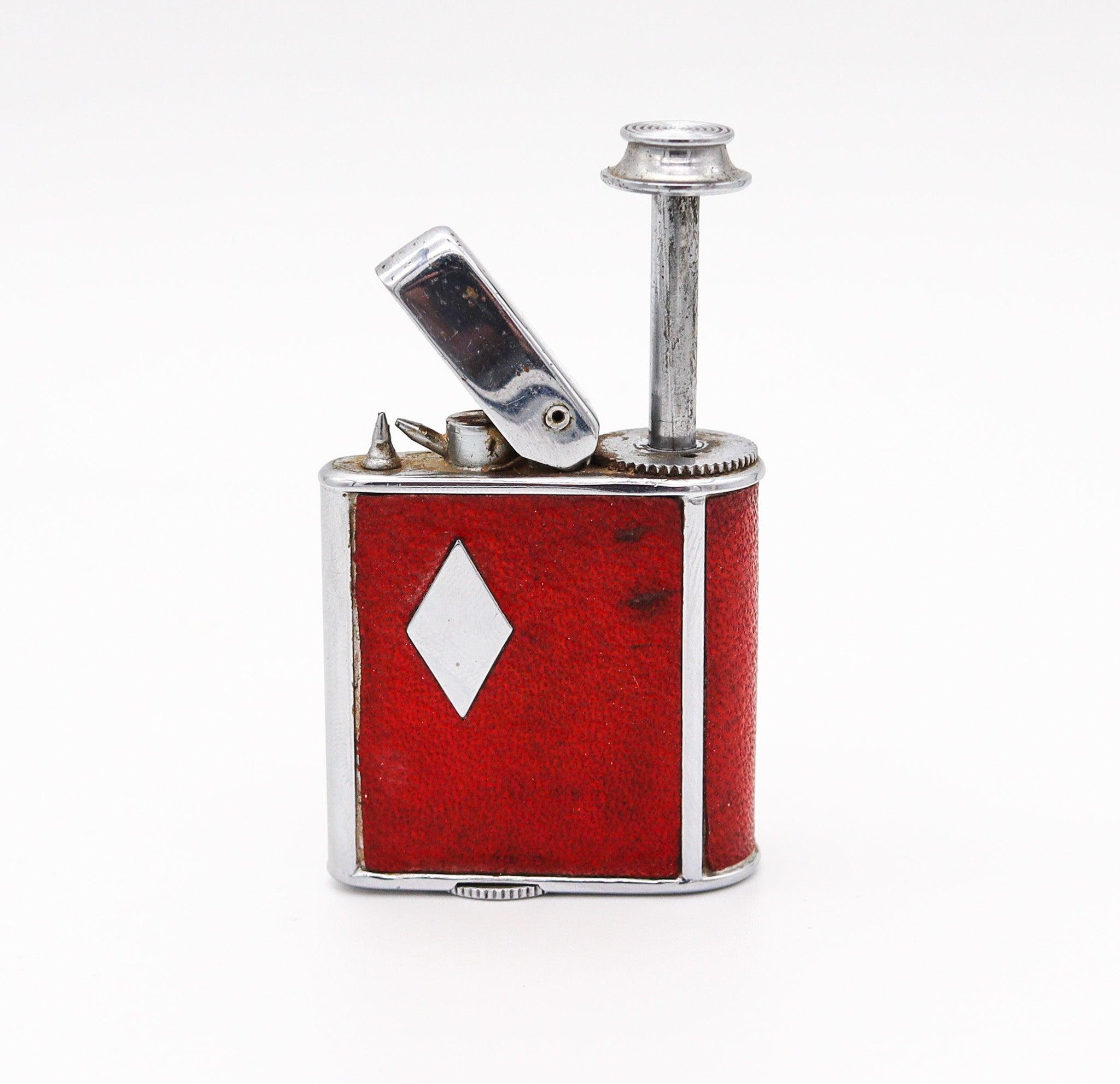 American RONSON 1928 Art Deco Chromed Geometric Perfume Perfu-Mist Dispenser Red Leather For Sale