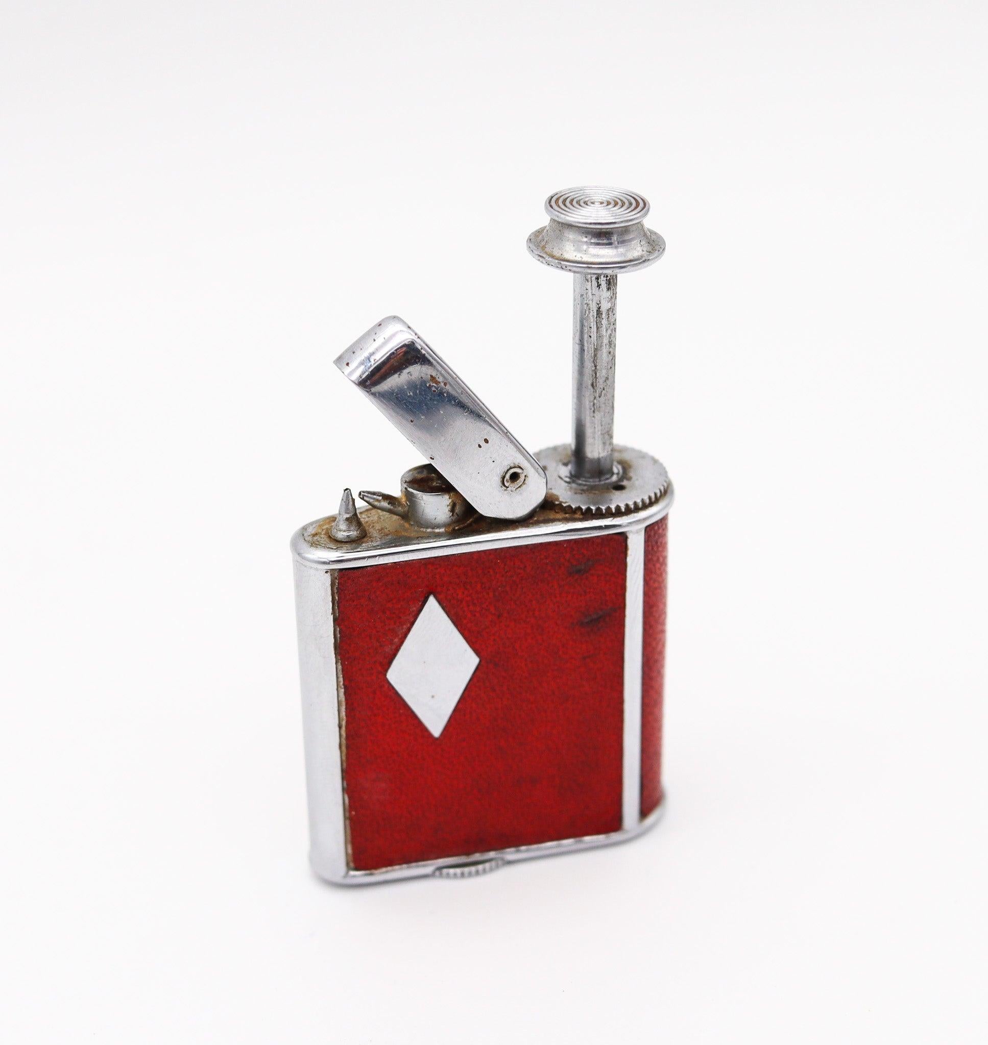Polished RONSON 1928 Art Deco Chromed Geometric Perfume Perfu-Mist Dispenser Red Leather For Sale
