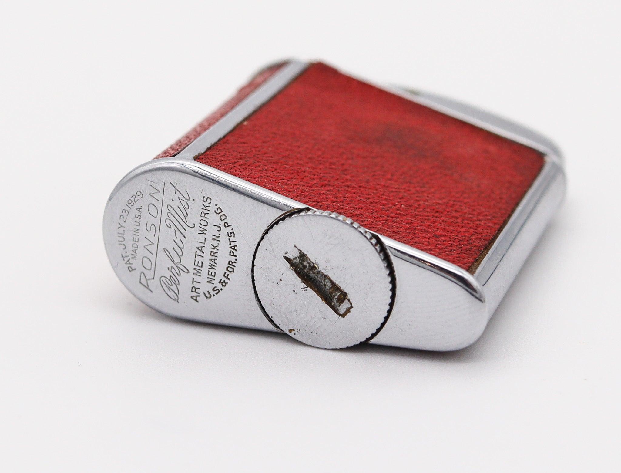 Early 20th Century RONSON 1928 Art Deco Chromed Geometric Perfume Perfu-Mist Dispenser Red Leather For Sale