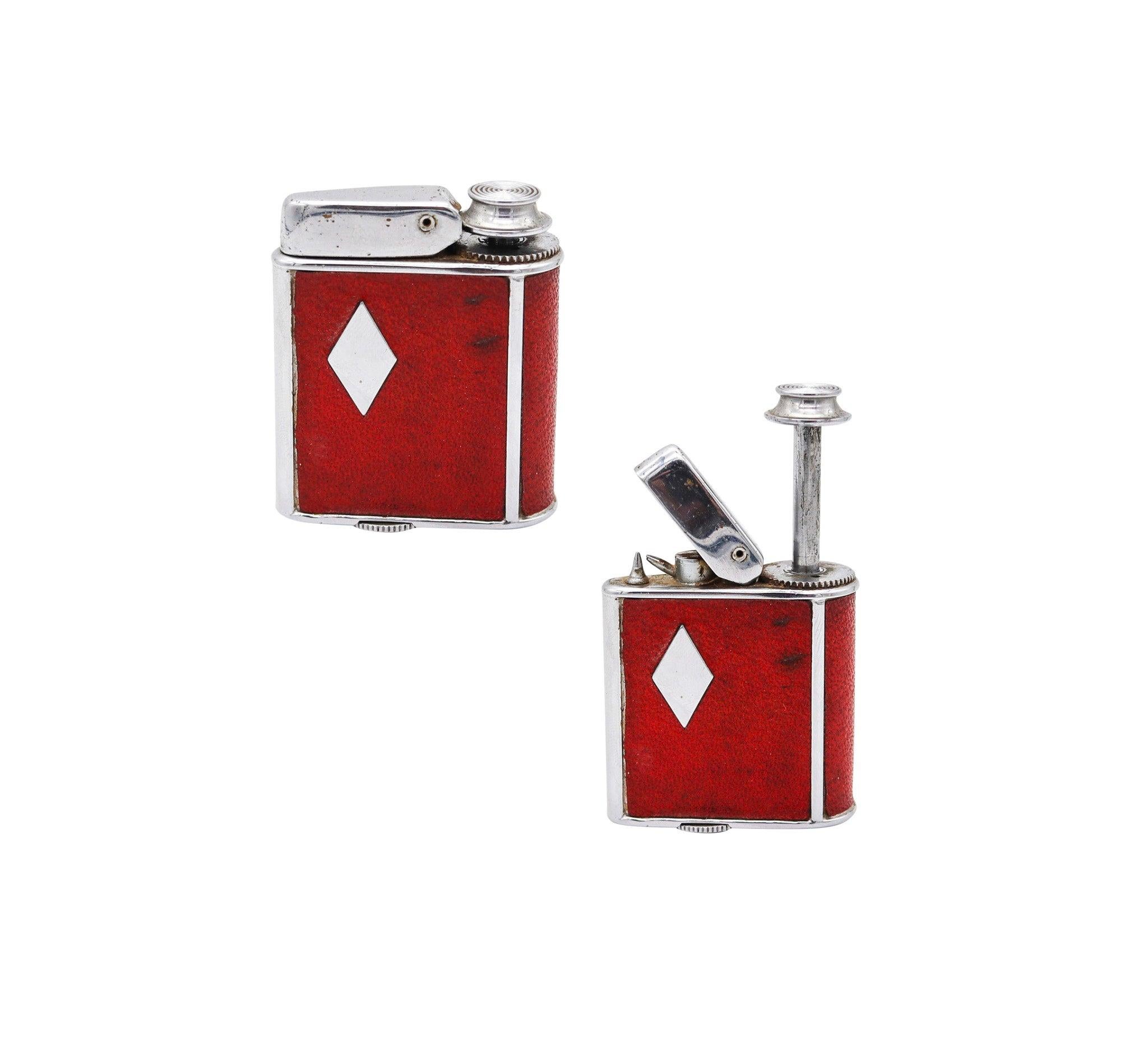 RONSON 1928 Art Deco Chromed Geometric Perfume Perfu-Mist Dispenser Red Leather For Sale 1