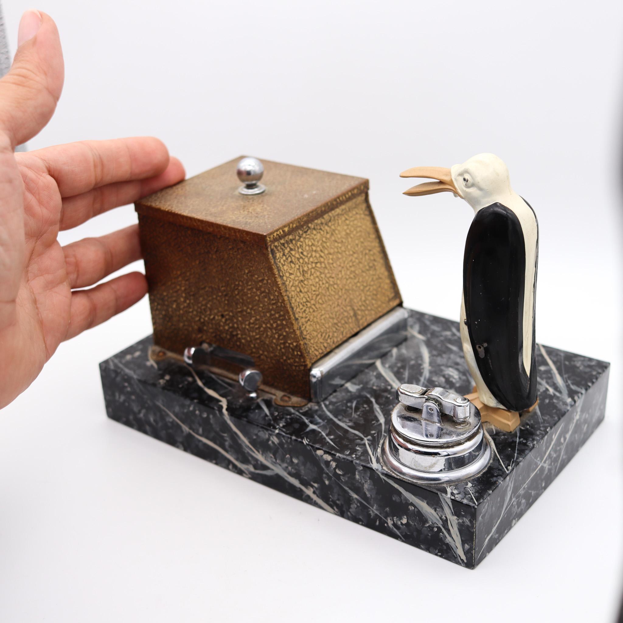Brass Ronson 1930 Pik A Cig Magic Penguin Lighter Cigarette Dispenser Desk Box For Sale