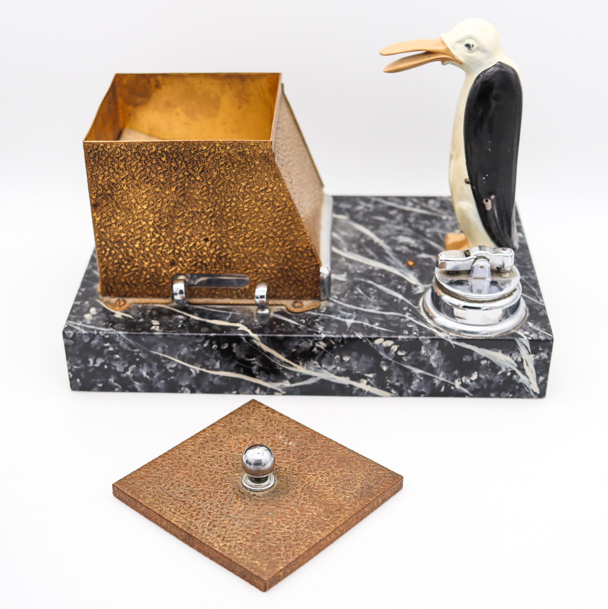 Art Deco Ronson 1930 Pik A Cig Magic Penguin Lighter Cigarette Dispenser Desk Box For Sale