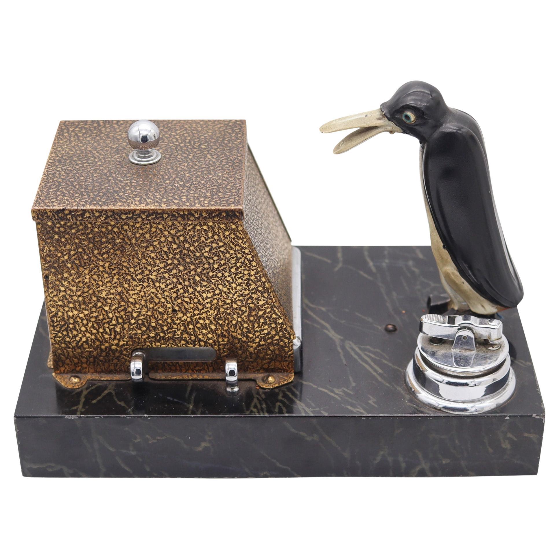 RONSON 1930 Pik A Cig Magic Penguin Lighter Cigarette Dispenser Desk Box