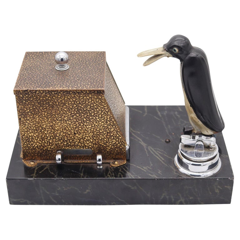 RONSON 1930 Pik A Cig Magic Penguin Lighter Cigarette Dispenser Desk Box  For Sale at 1stDibs