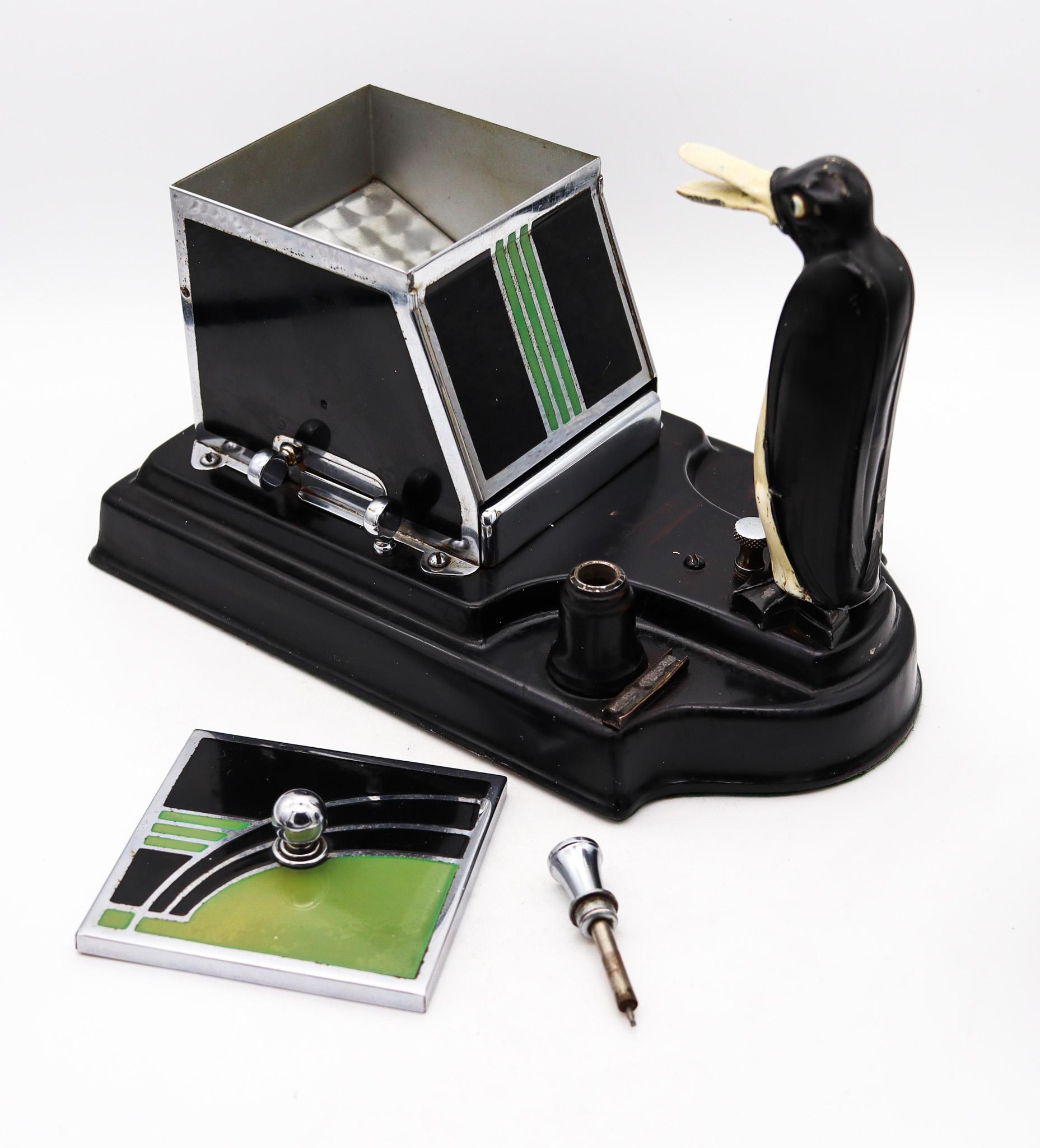 North American Ronson 1930 Pik a Cig Magic Penguin Touch Tip Cigarette Dispenser Desk Box For Sale