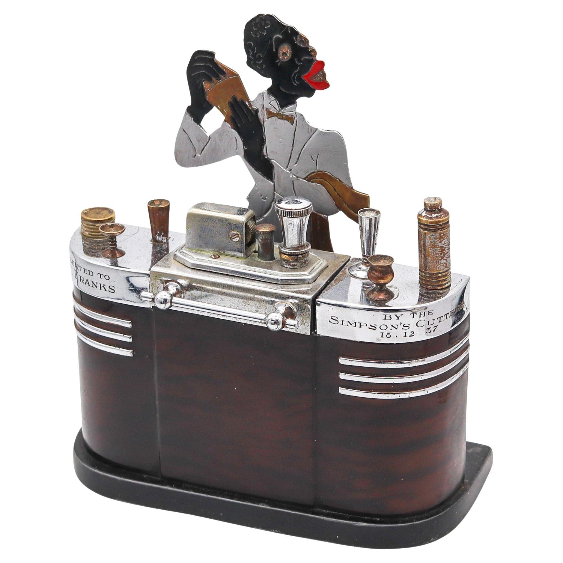 RONSON 1935 Art Deco Bartender Lighter Cigarette Dispenser Box In Steel & Lcquer