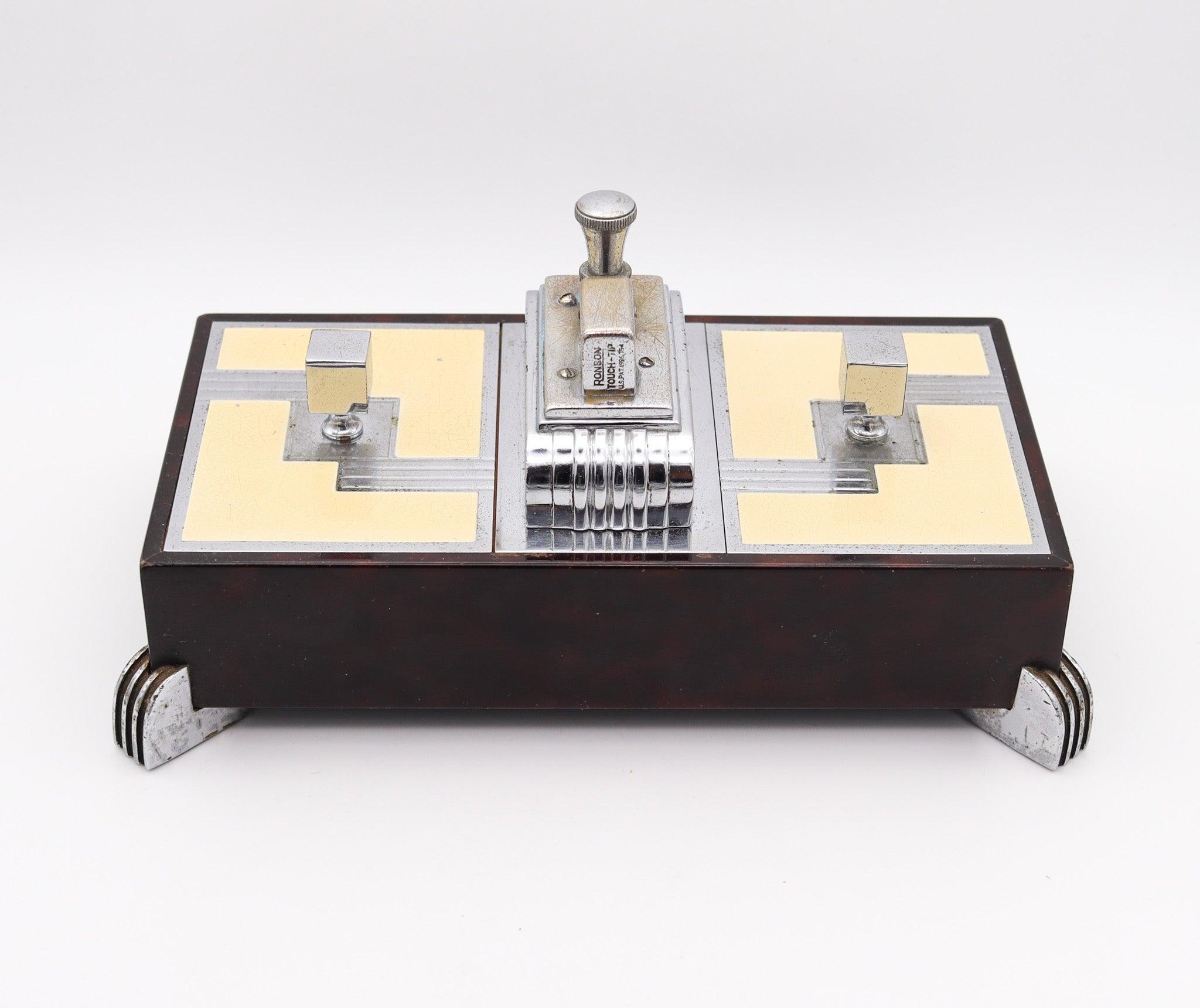 RONSON 1935 Máquina Edad Laca Marrón Escritorio Doble Caja Tacto Punta Encendedor Art Decó en venta