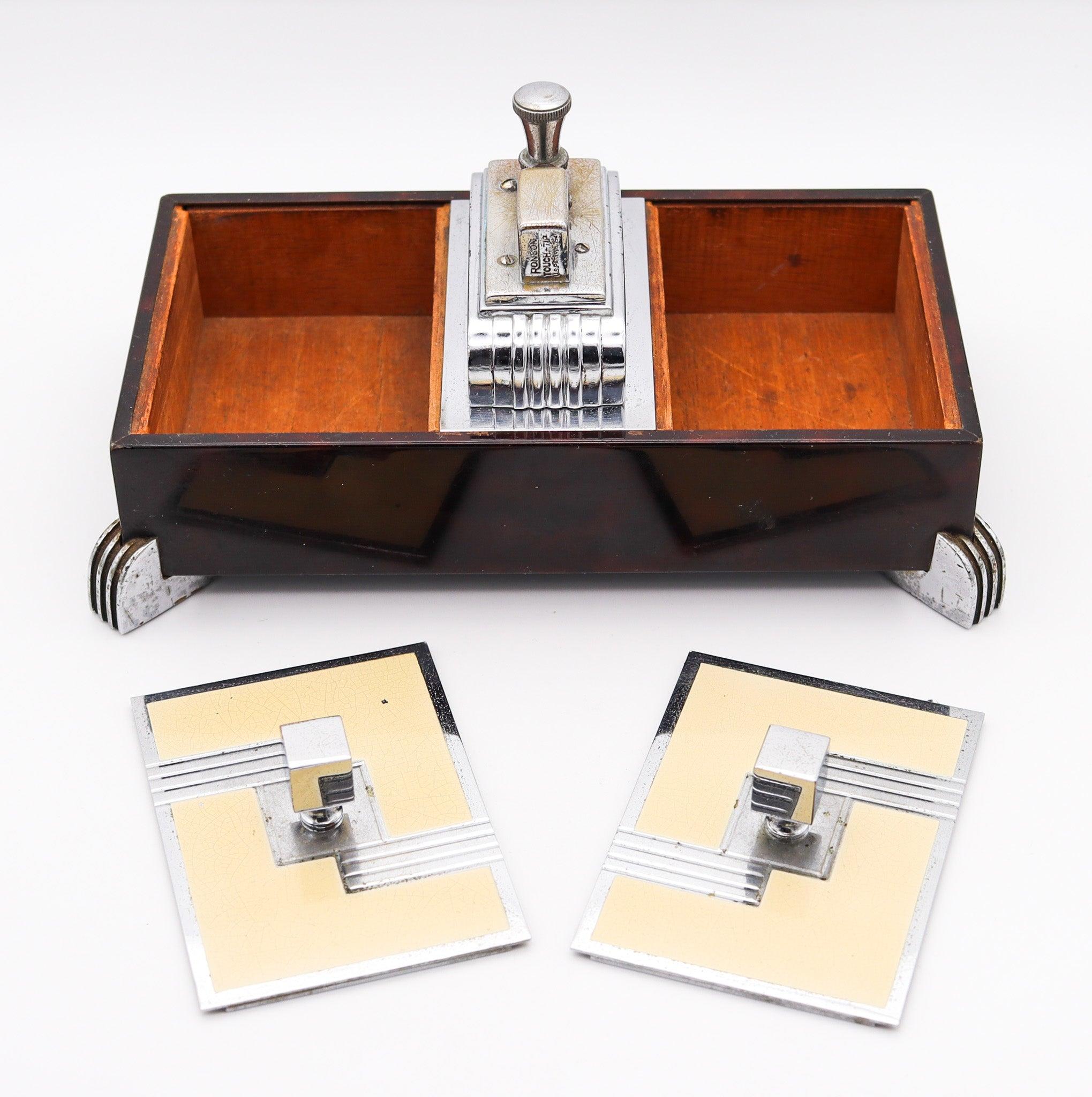 RONSON 1935 Máquina Edad Laca Marrón Escritorio Doble Caja Tacto Punta Encendedor Estadounidense en venta