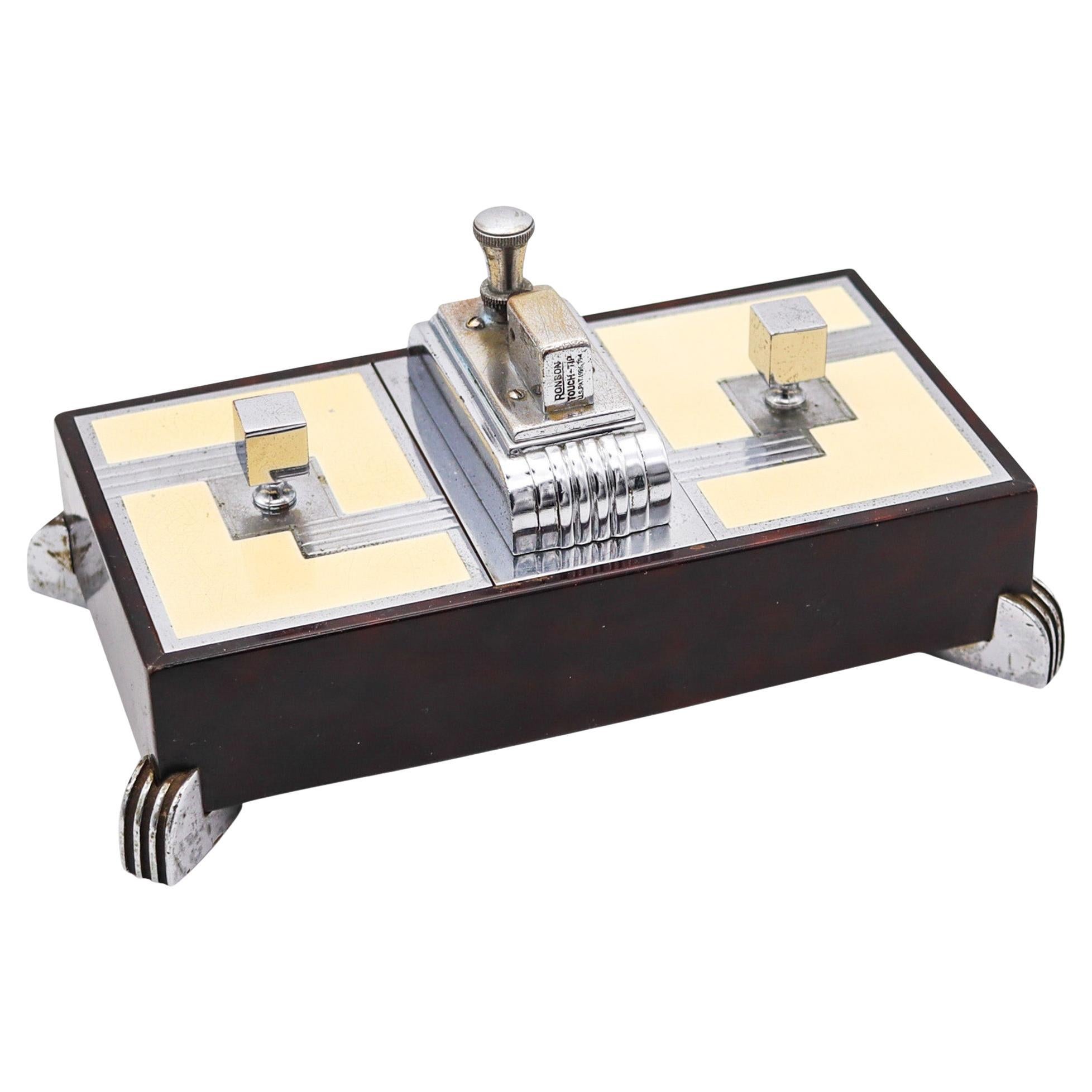 RONSON 1935 Machine Age Brown Lacquer Desk Double Box Touch Tip Lighter