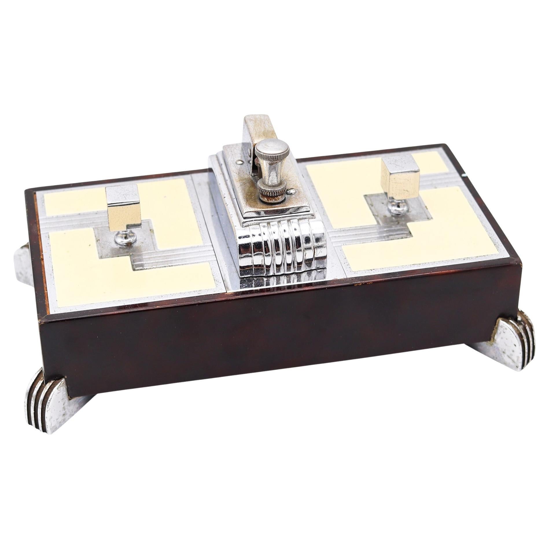 RONSON 1935 Machine Age Brown Lacquer Desk Double Box Touch Tip Striker For Sale