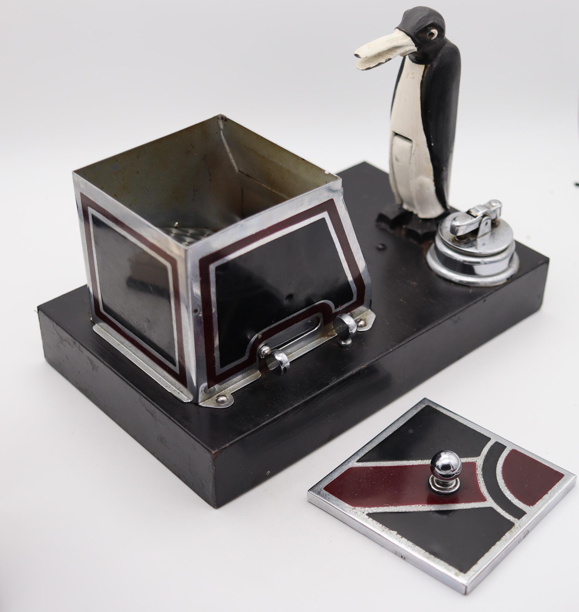 Art Deco Ronson 1935 PikaCig Magic Penguin Cigarette Dispenser Desk Box With Lighter