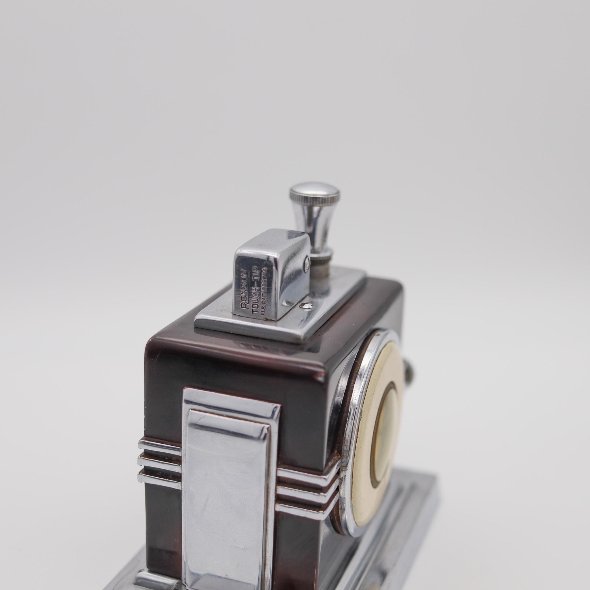 American Ronson 1936 Art Deco Maltese Machine Age Small Dial Clock With Touch-Tip Lighter
